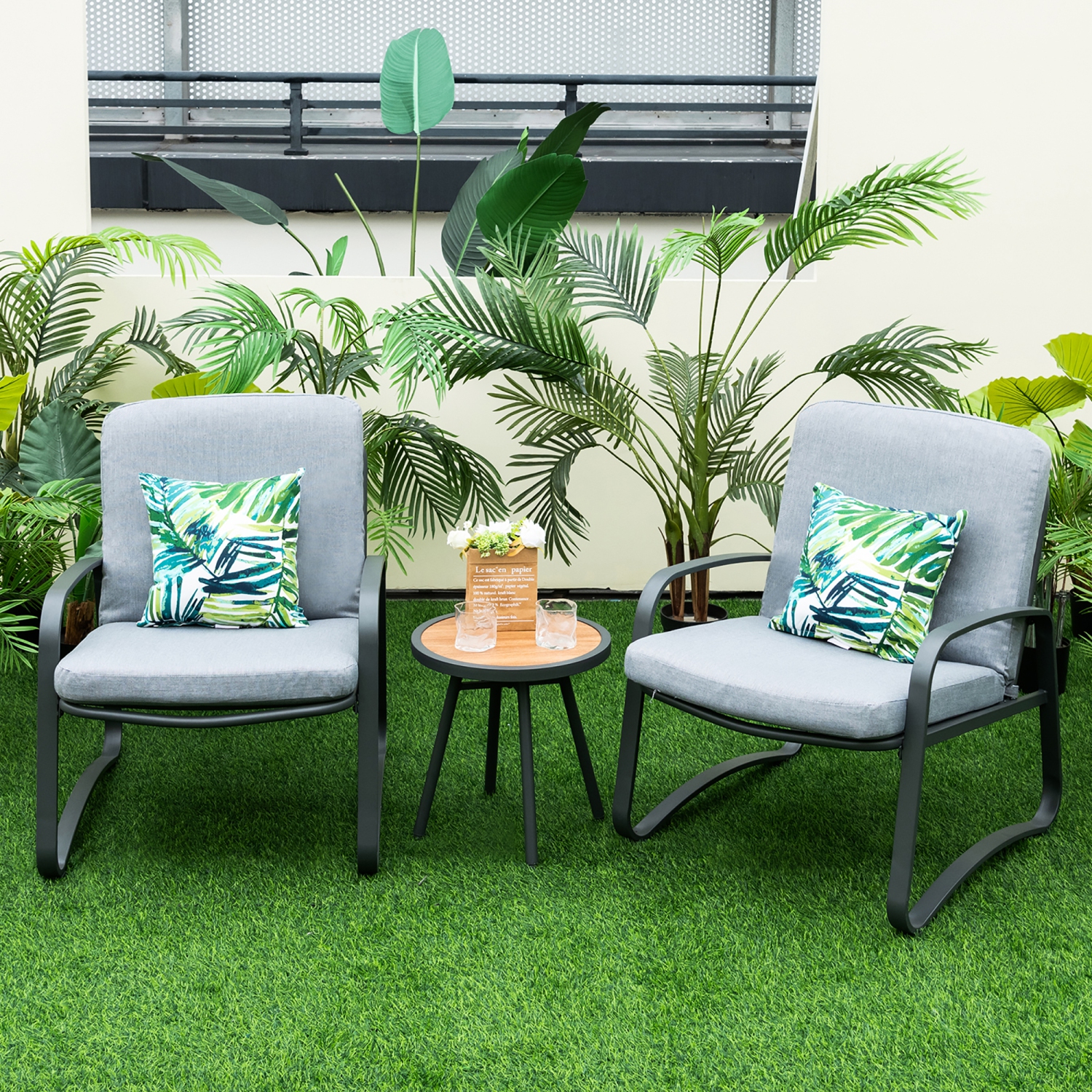 Costway 3pcs Patio Bistro Conversation Set DPC Tabletop Metal Cushioned Chairs Outdoor