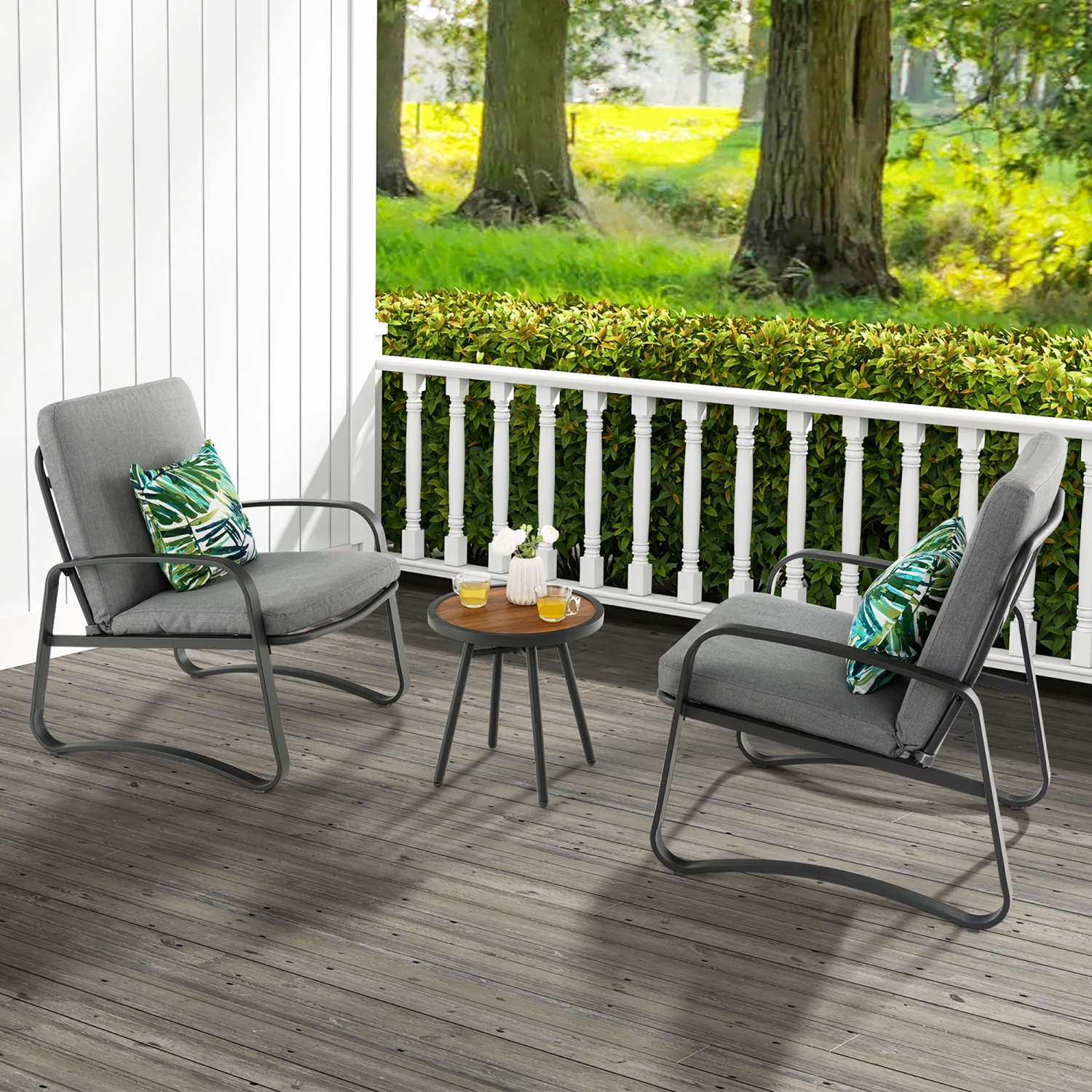 Costway 3pcs Patio Bistro Conversation Set DPC Tabletop Metal Cushioned Chairs Outdoor