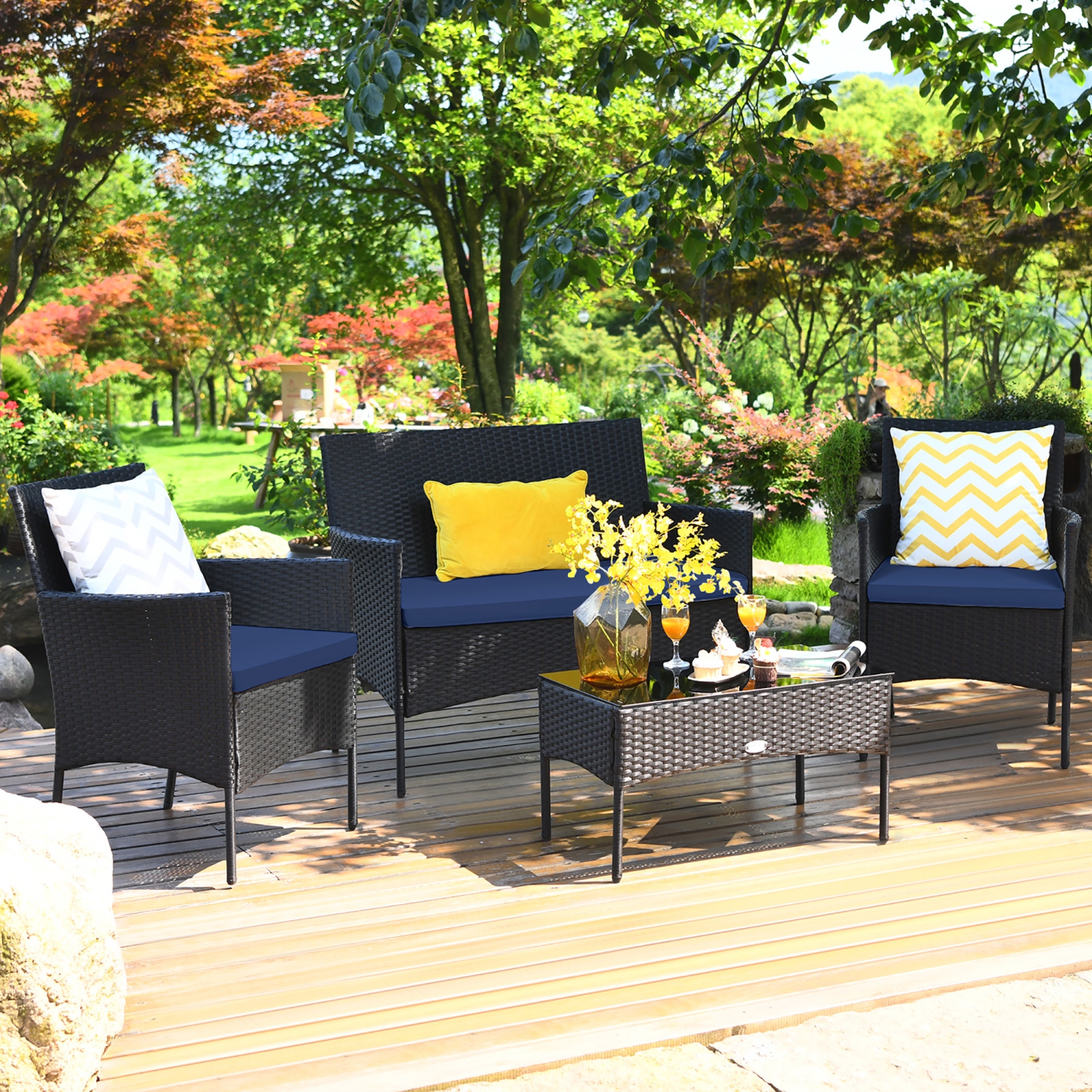 Costway 8PCS Patio Wicker Furniture Set Coffee Table Cushions w/Off White&nbsp;&&nbsp;Navy&nbsp;Cover