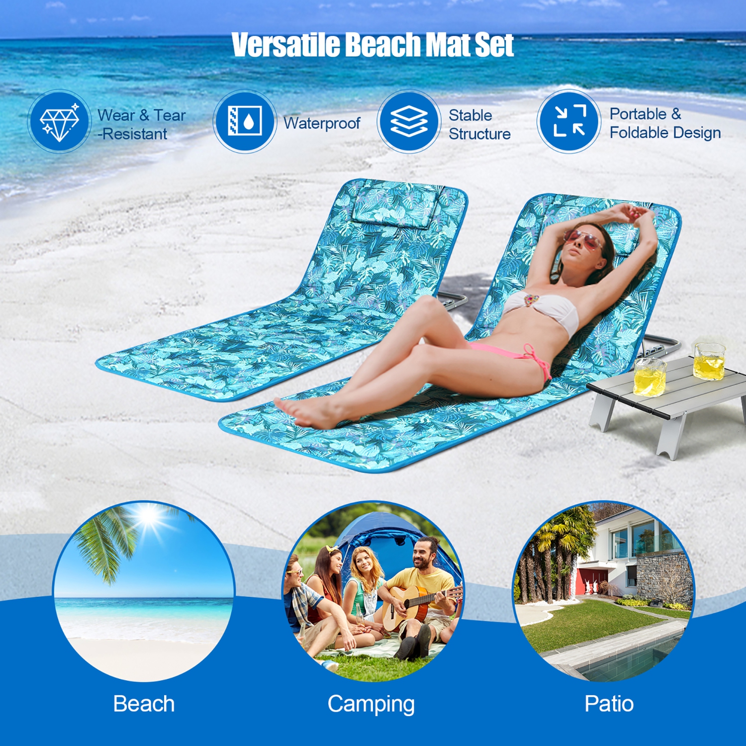Costway 3-piece Beach Lounge Chair Mat Set 2 Adjustable Lounge