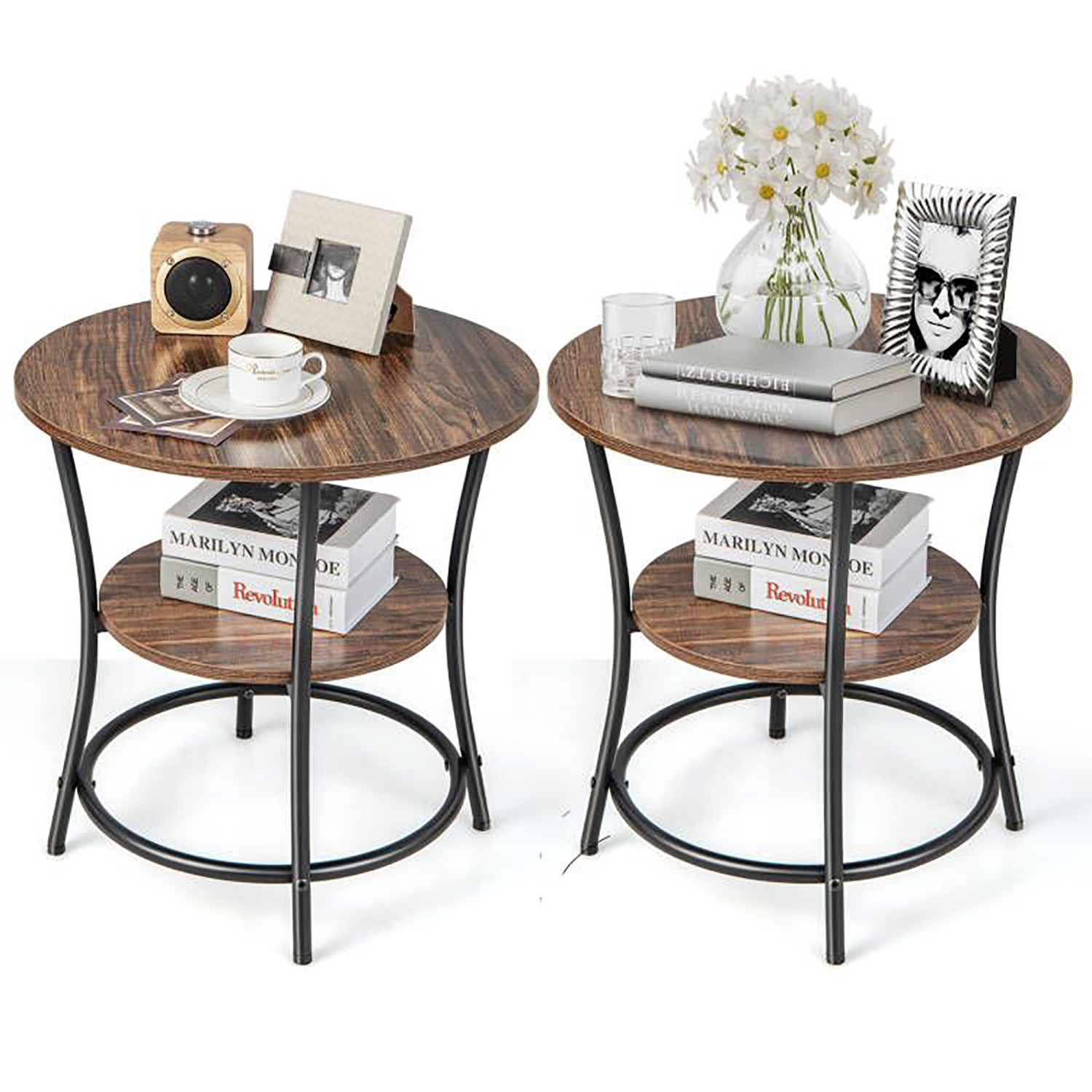 Costway 2 PCS 2-Tier Sofa Side End Table Round Nightstand with Sturdy Metal Frame