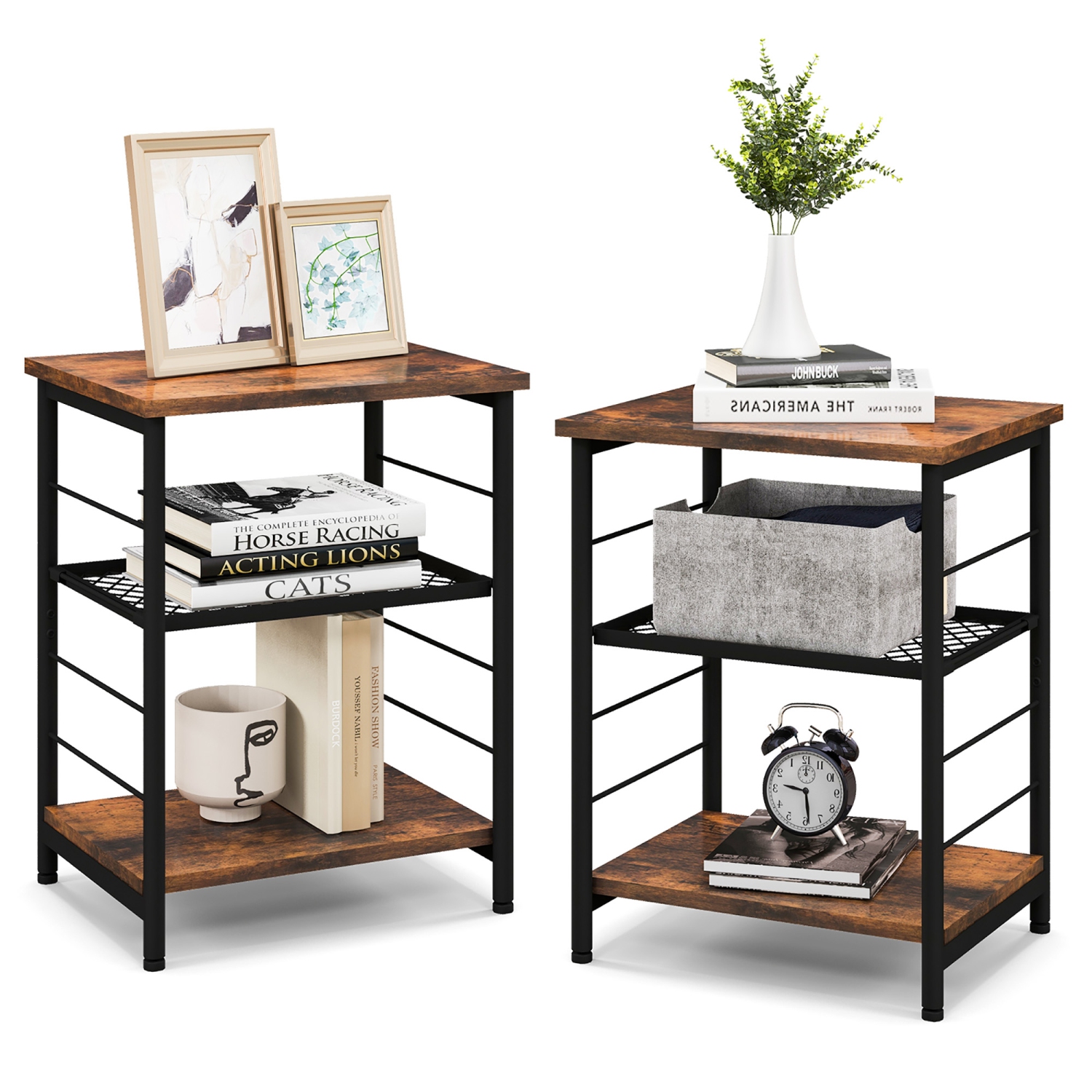 Costway 2 PCS 3-Tier Side End Table with Adjustable Mesh Shelf Narrow Nightstand