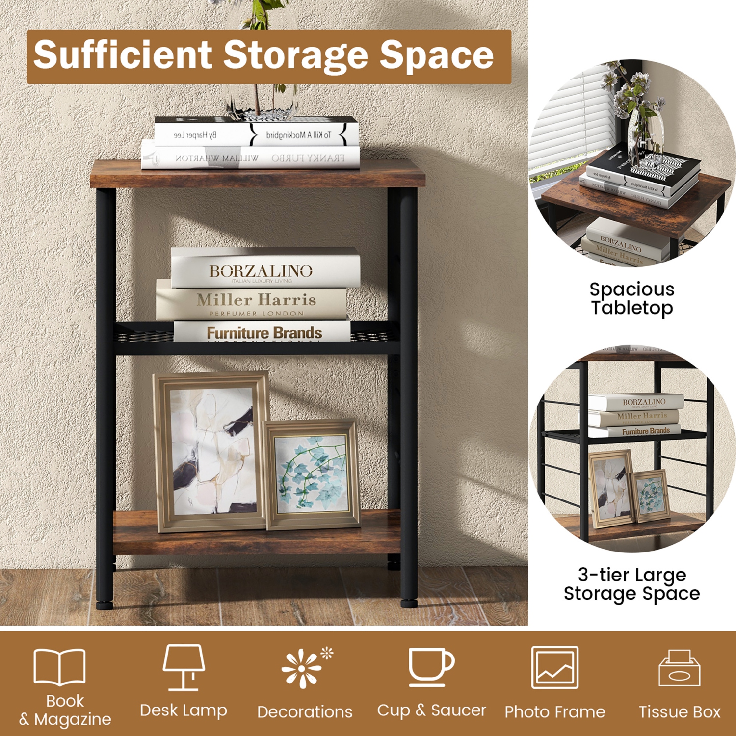 Costway 2 PCS 3-Tier Side End Table with Adjustable Mesh Shelf Narrow Nightstand