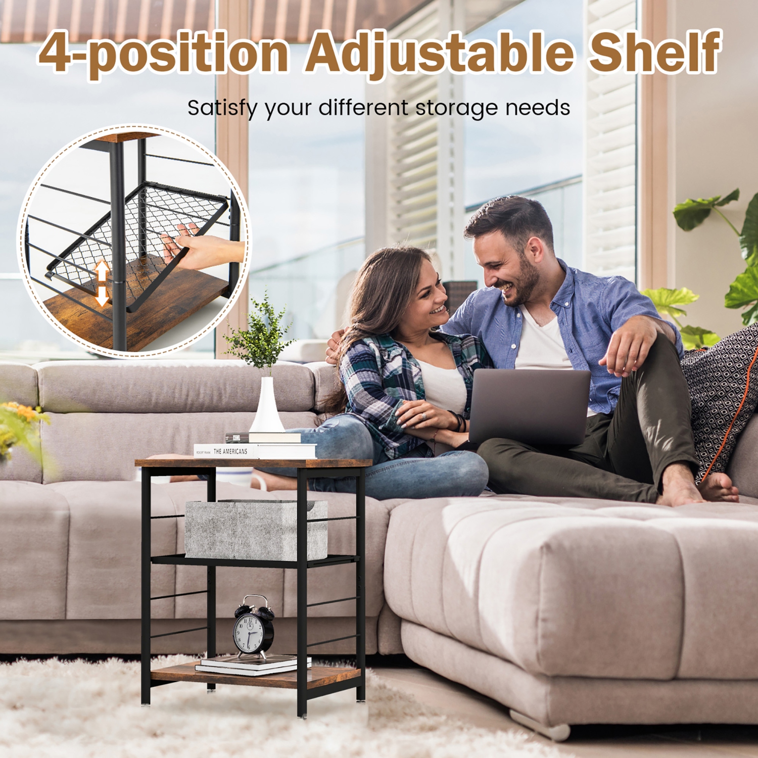 Costway 2 PCS 3-Tier Side End Table with Adjustable Mesh Shelf Narrow Nightstand