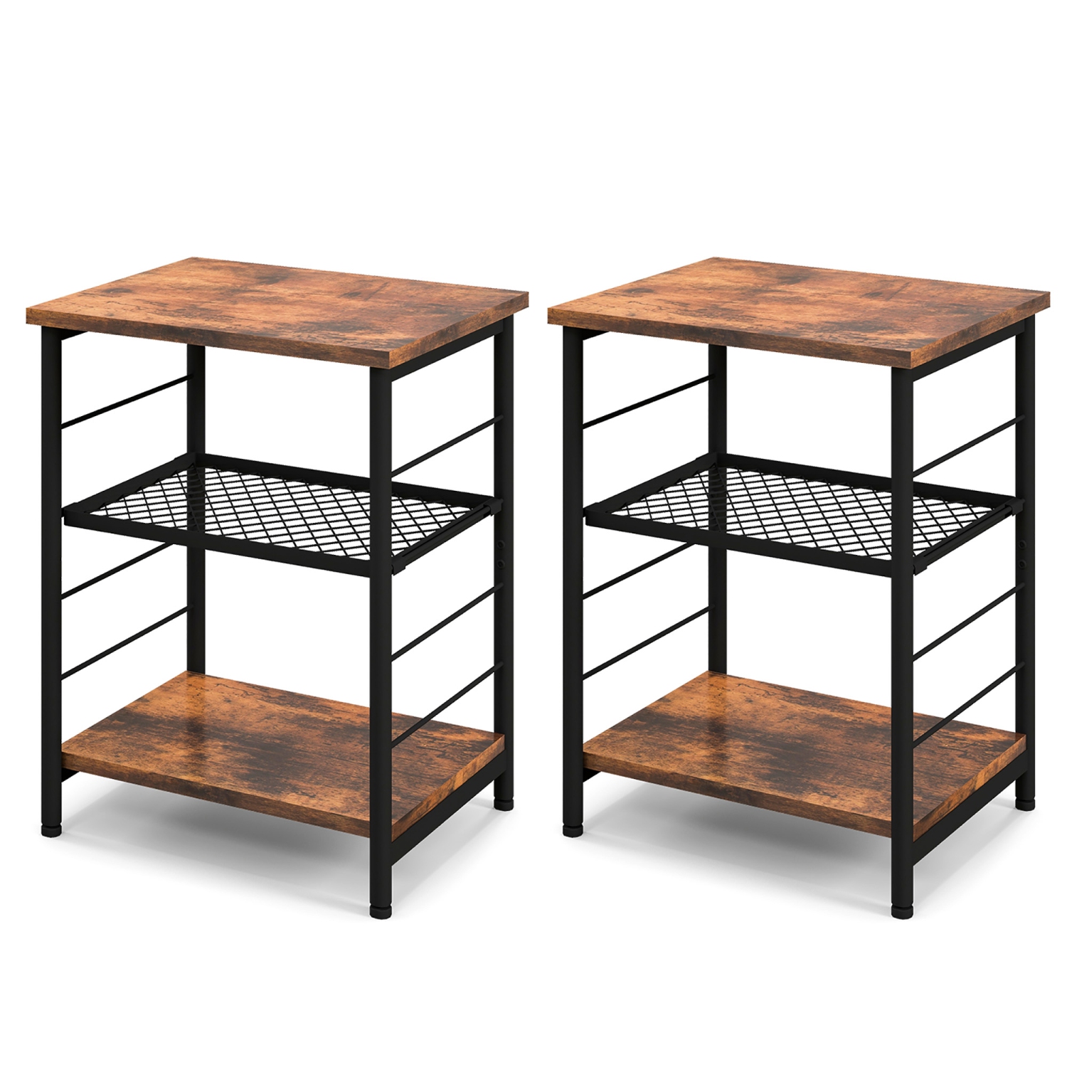 Costway 2 PCS 3-Tier Side End Table with Adjustable Mesh Shelf Narrow Nightstand