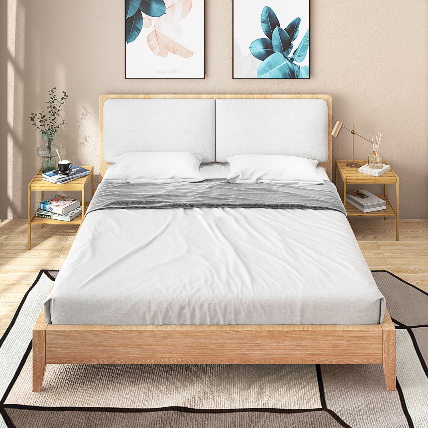 2 PCS 2-Tier Bedside End Table Bamboo Nightstand for Living Room Bedroom