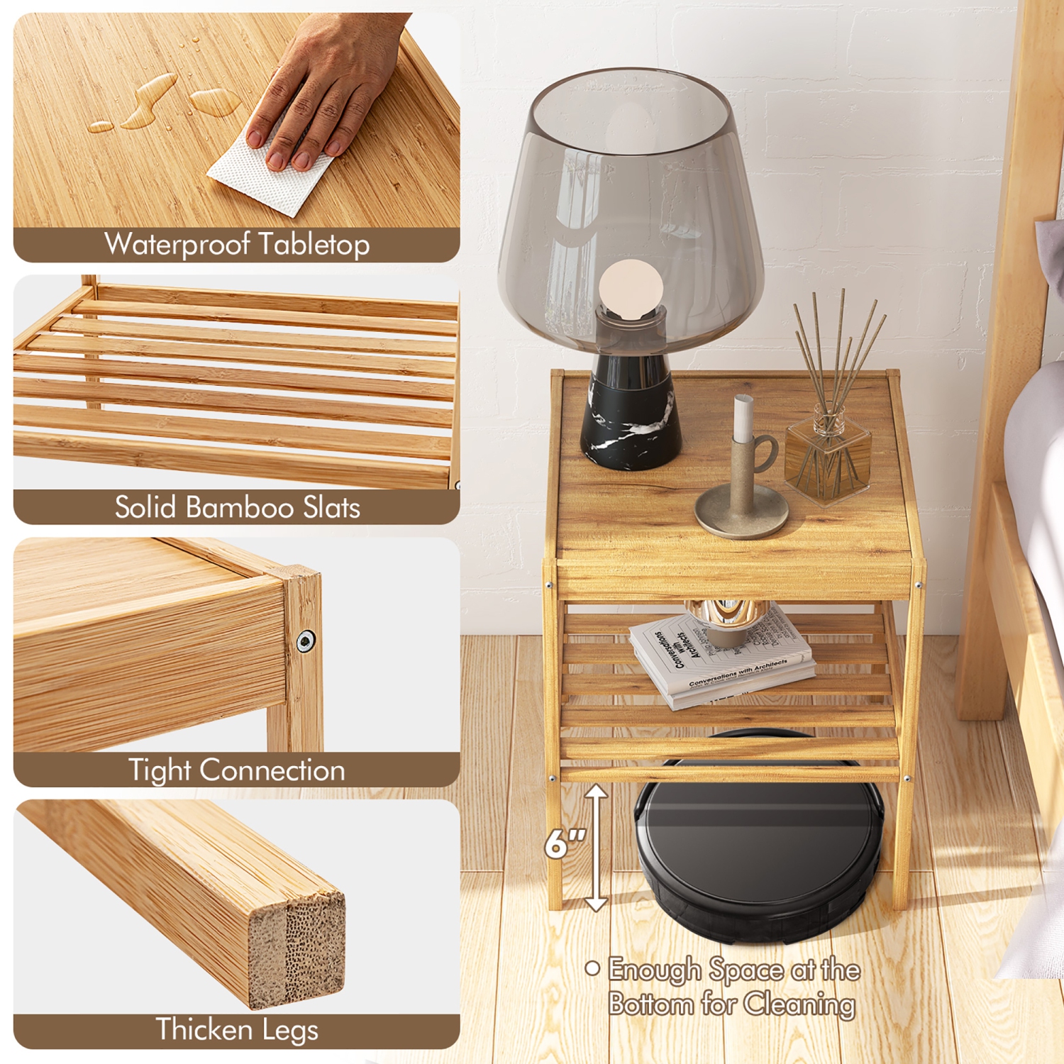 2 PCS 2-Tier Bedside End Table Bamboo Nightstand for Living Room Bedroom