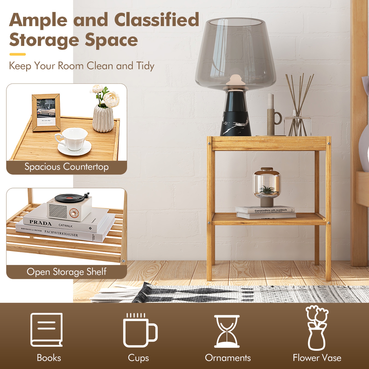 2 PCS 2-Tier Bedside End Table Bamboo Nightstand for Living Room Bedroom