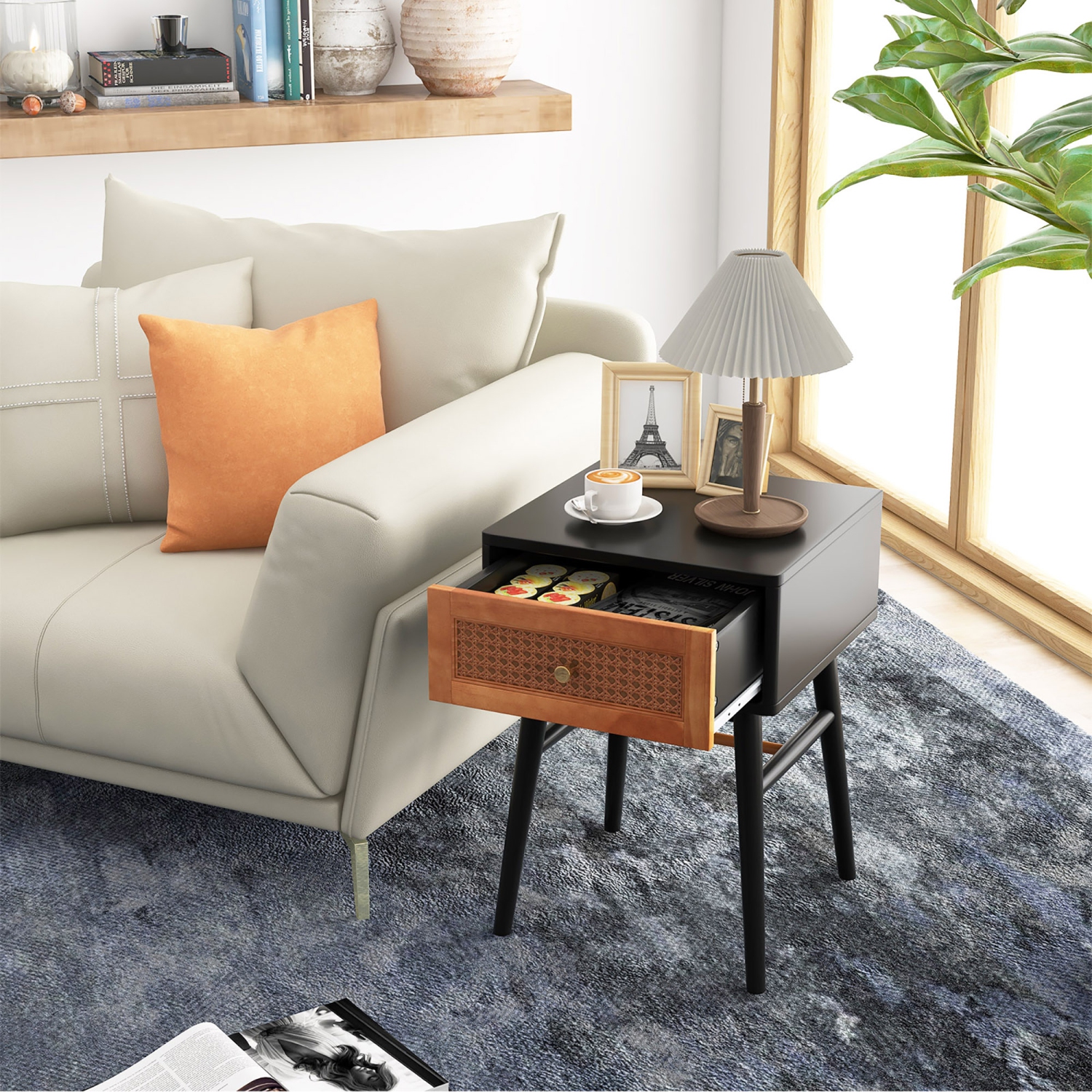 Costway Nightstand Modern Bedside End Table with Storage Drawer & Solid Wood Legs