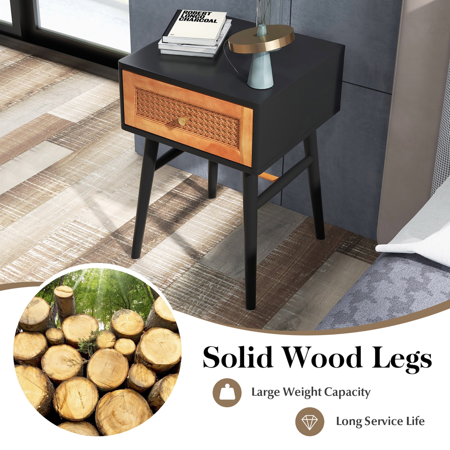 Costway Nightstand Modern Bedside End Table with Storage Drawer & Solid Wood Legs