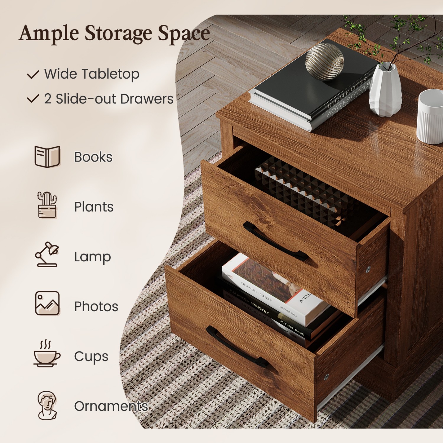 Costway 2 Drawer Nightstand Bedside Table Compact Sofa End Table