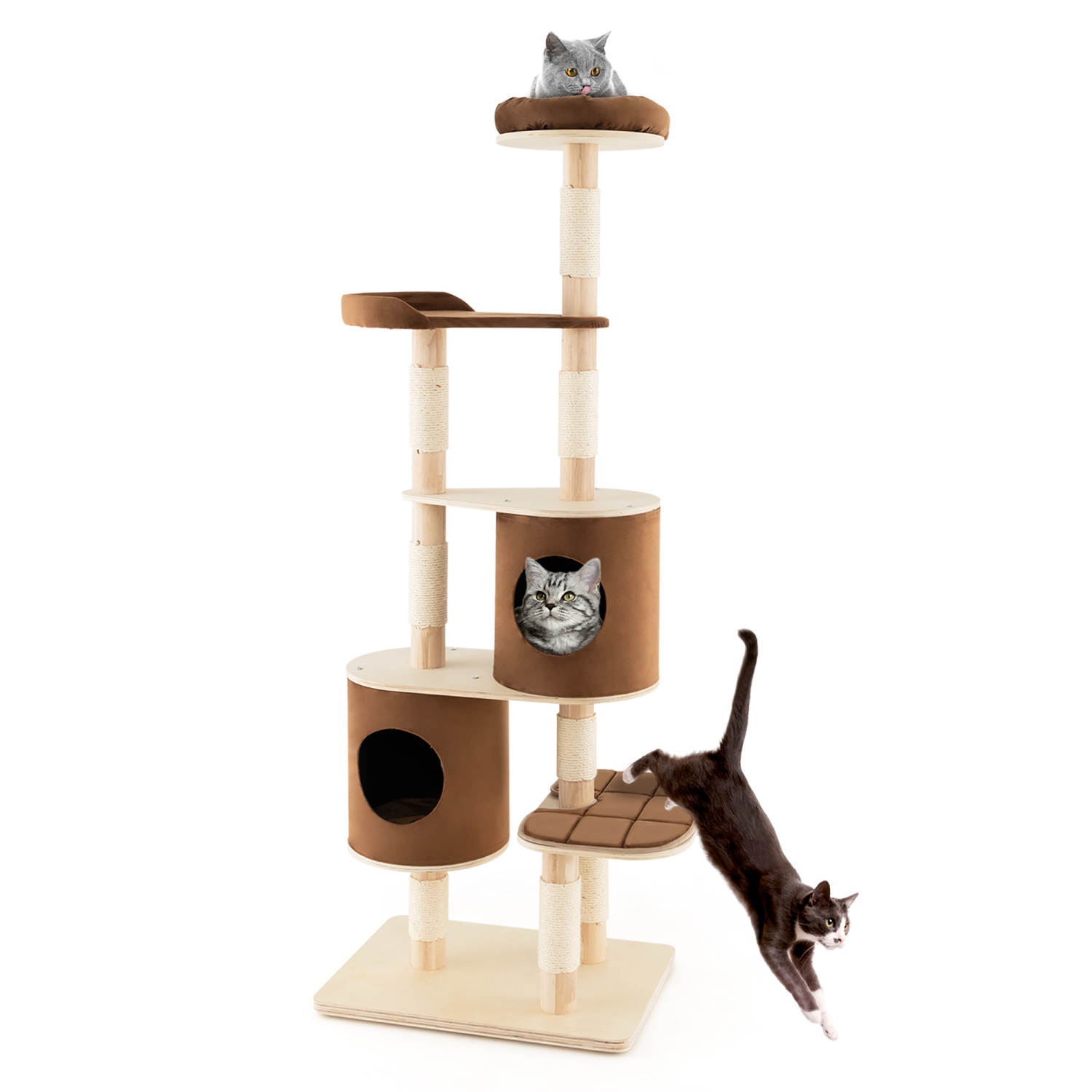 Costway 75" Multi-layer Wooden Cat Tree Indoor Tower Activity Play Center with 2 Condos