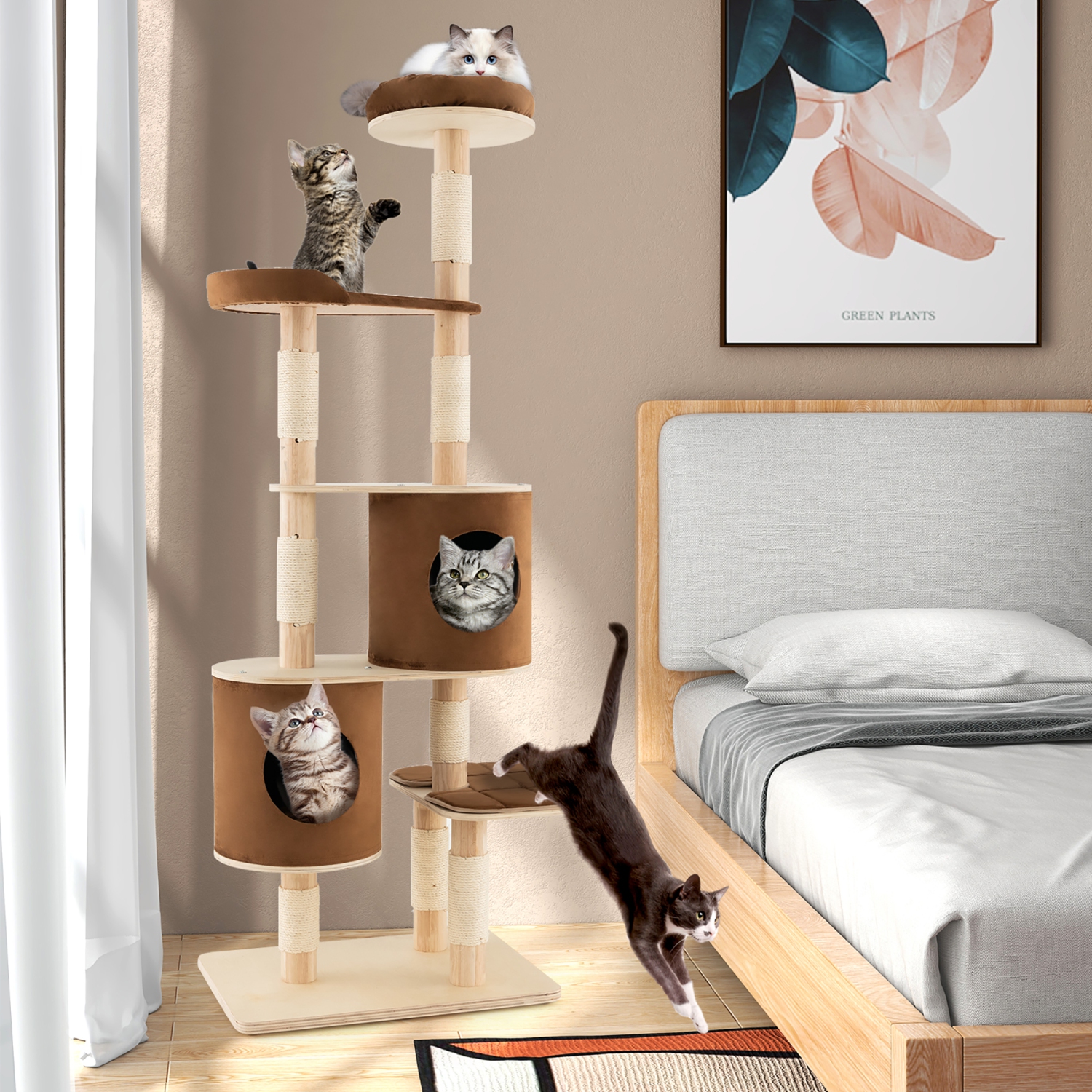 Costway 75" Multi-layer Wooden Cat Tree Indoor Tower Activity Play Center with 2 Condos