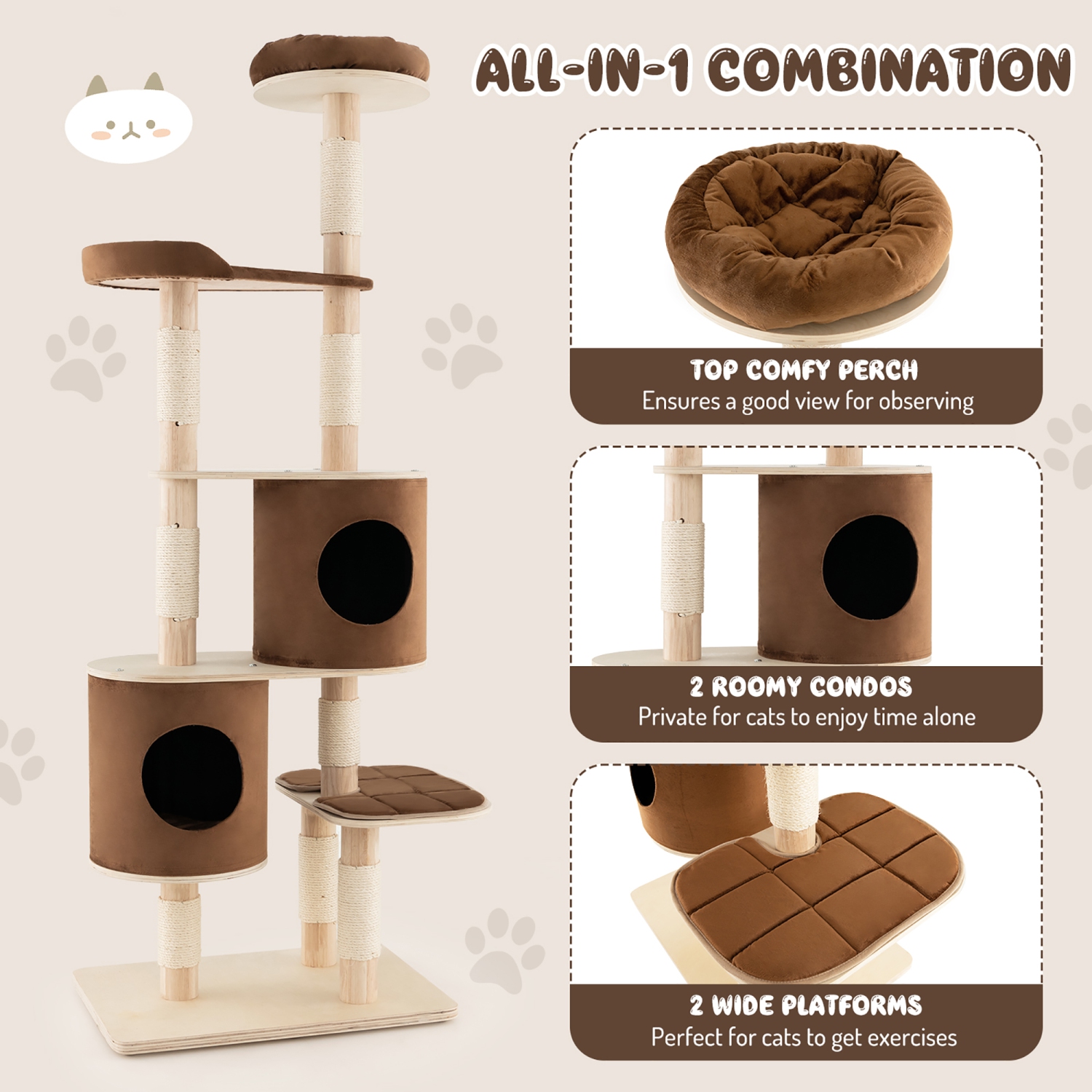 Costway 75" Multi-layer Wooden Cat Tree Indoor Tower Activity Play Center with 2 Condos