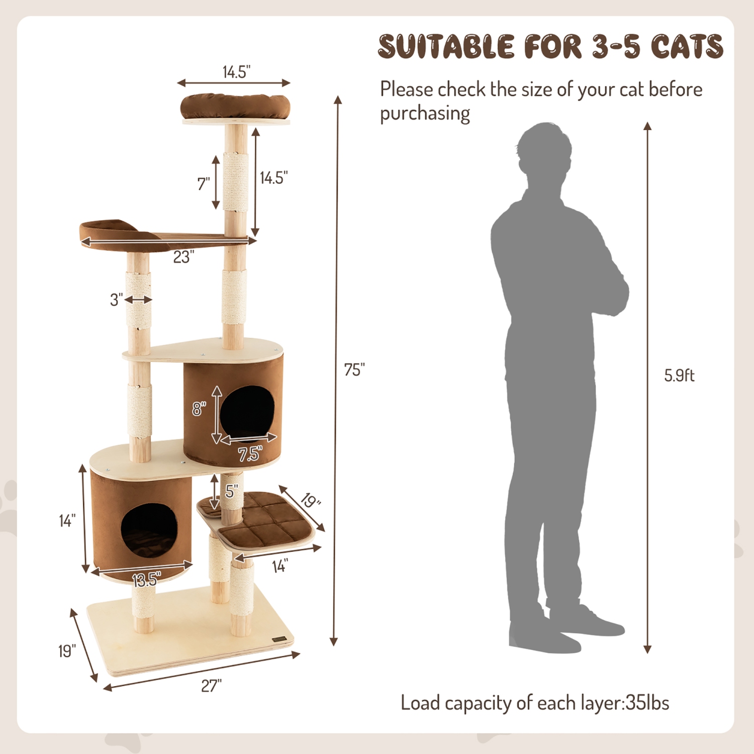 Costway 75" Multi-layer Wooden Cat Tree Indoor Tower Activity Play Center with 2 Condos