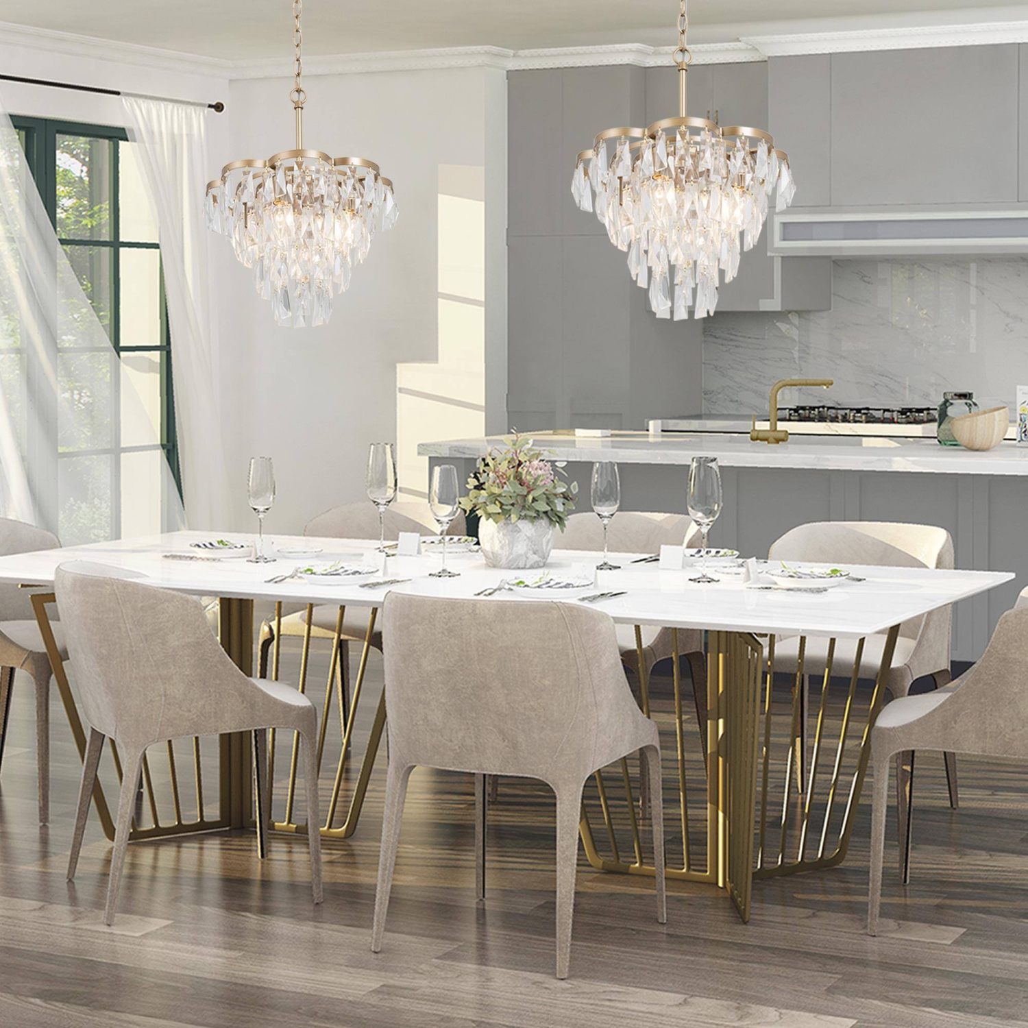 Modern Gold Bedroom Chandelier, 4-Light Empire Gold Mid-century Glam with Tiered Crystal Modern/Contemporary LED Dry rated Chandelier