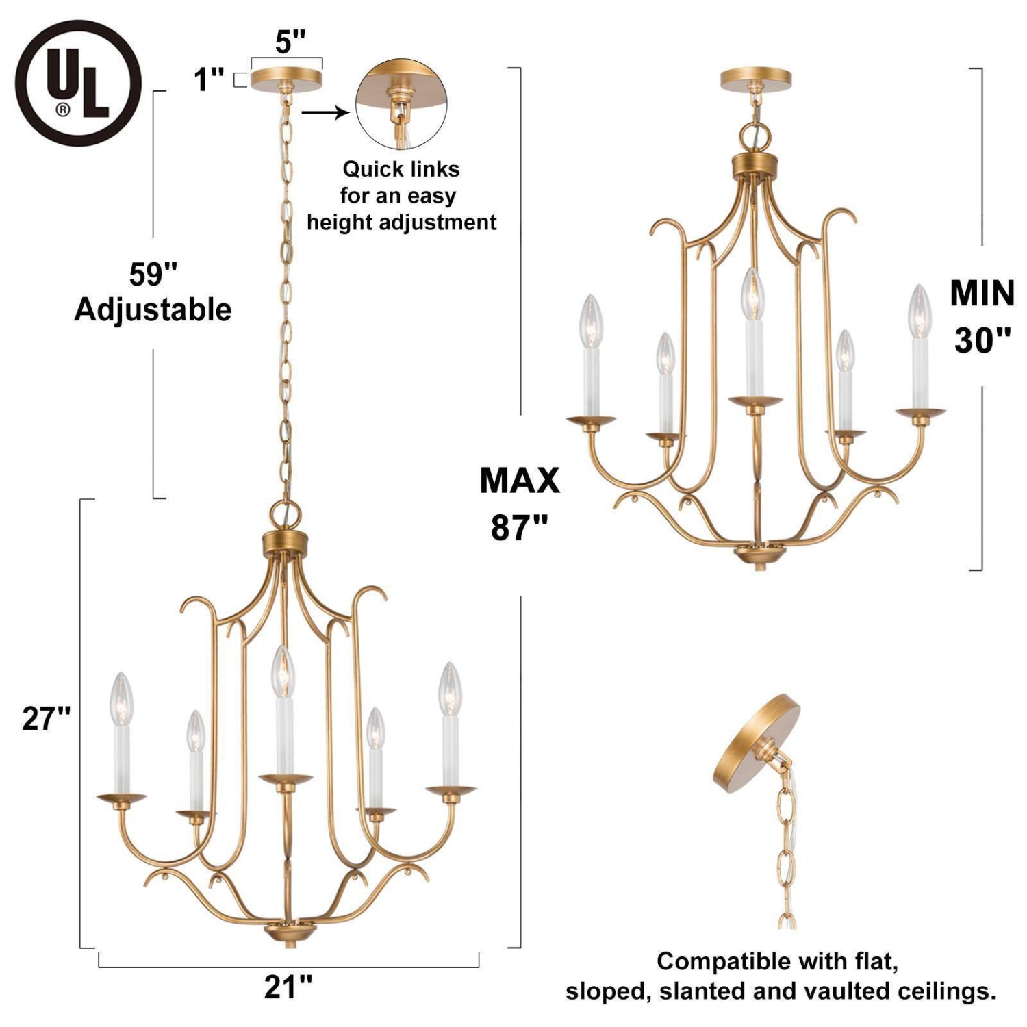 Modern Gold Dining Room Chandelier, 6-light Island Chandelier Ceiling Light with Candlestick Style