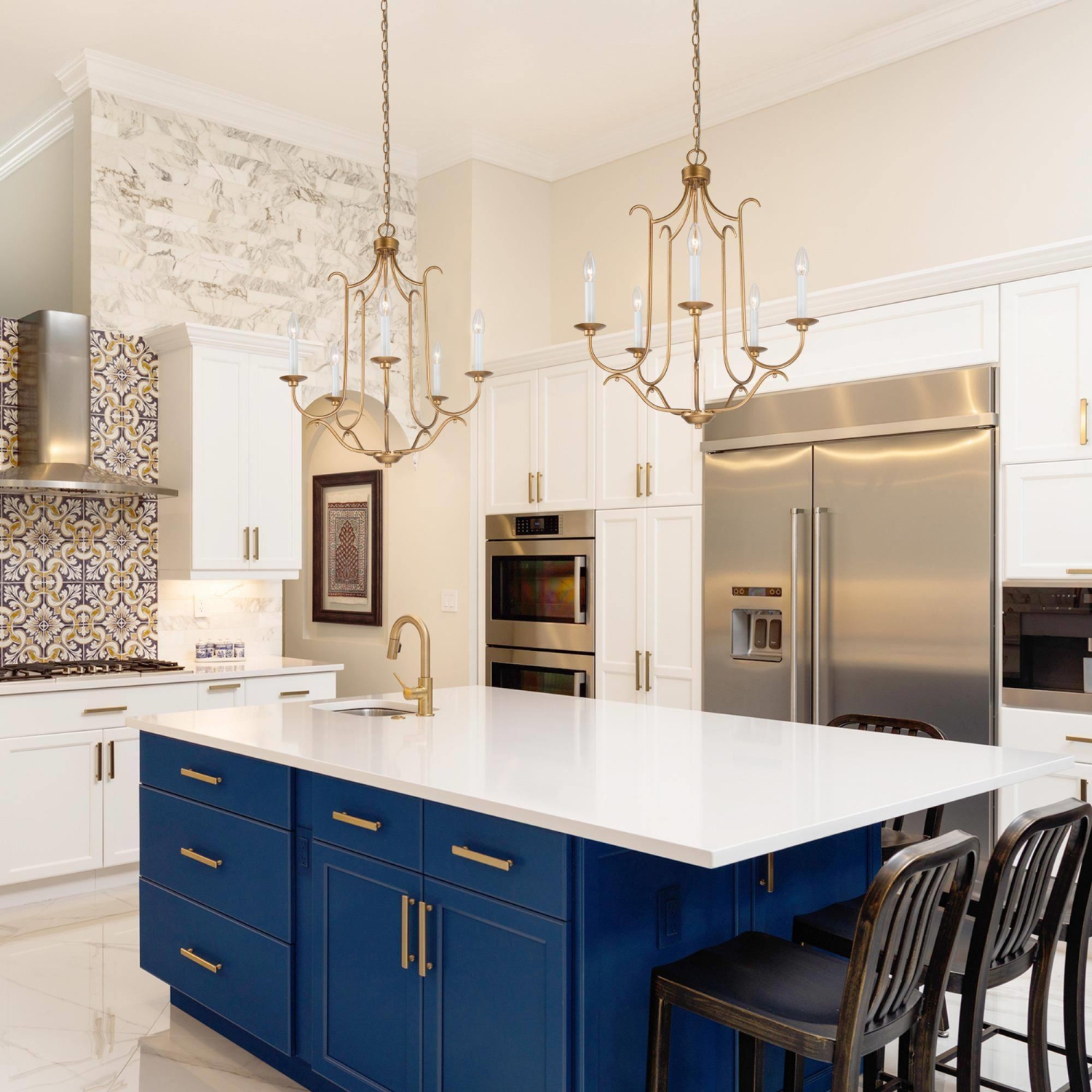 Modern Gold Dining Room Chandelier, 6-light Island Chandelier Ceiling Light with Candlestick Style