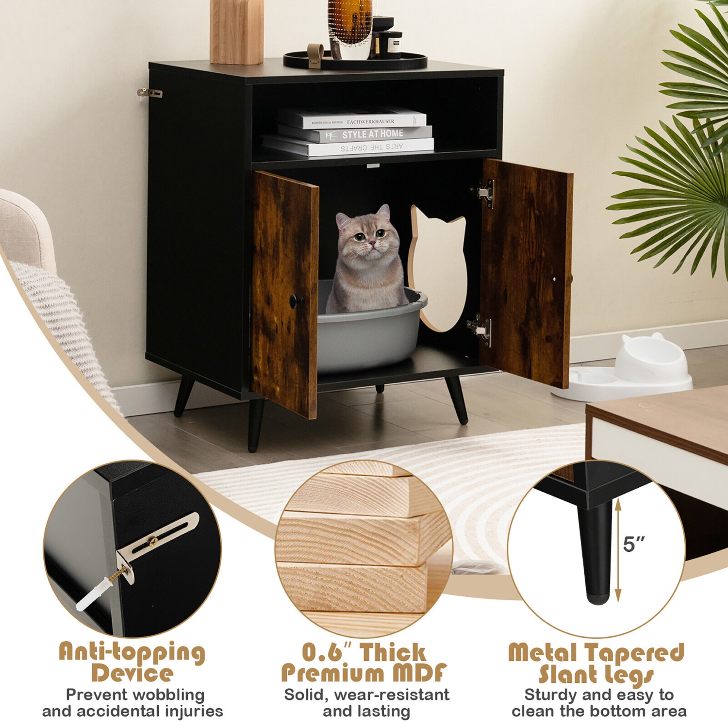Gymax Cat Litter Box Enclosure Hidden Cat Washroom Cabinet with Entry Open Compartment