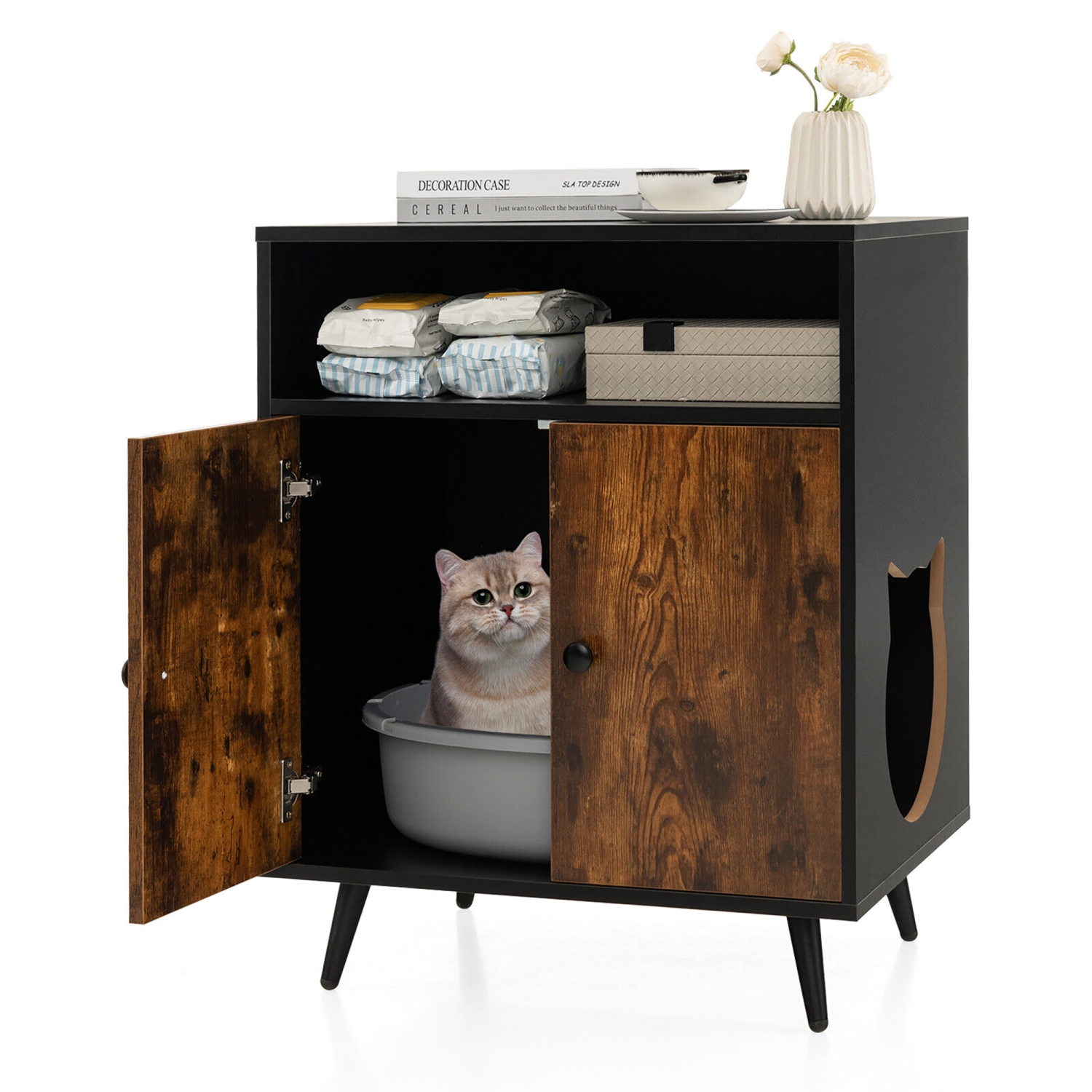 Gymax Cat Litter Box Enclosure Hidden Cat Washroom Cabinet with Entry Open Compartment