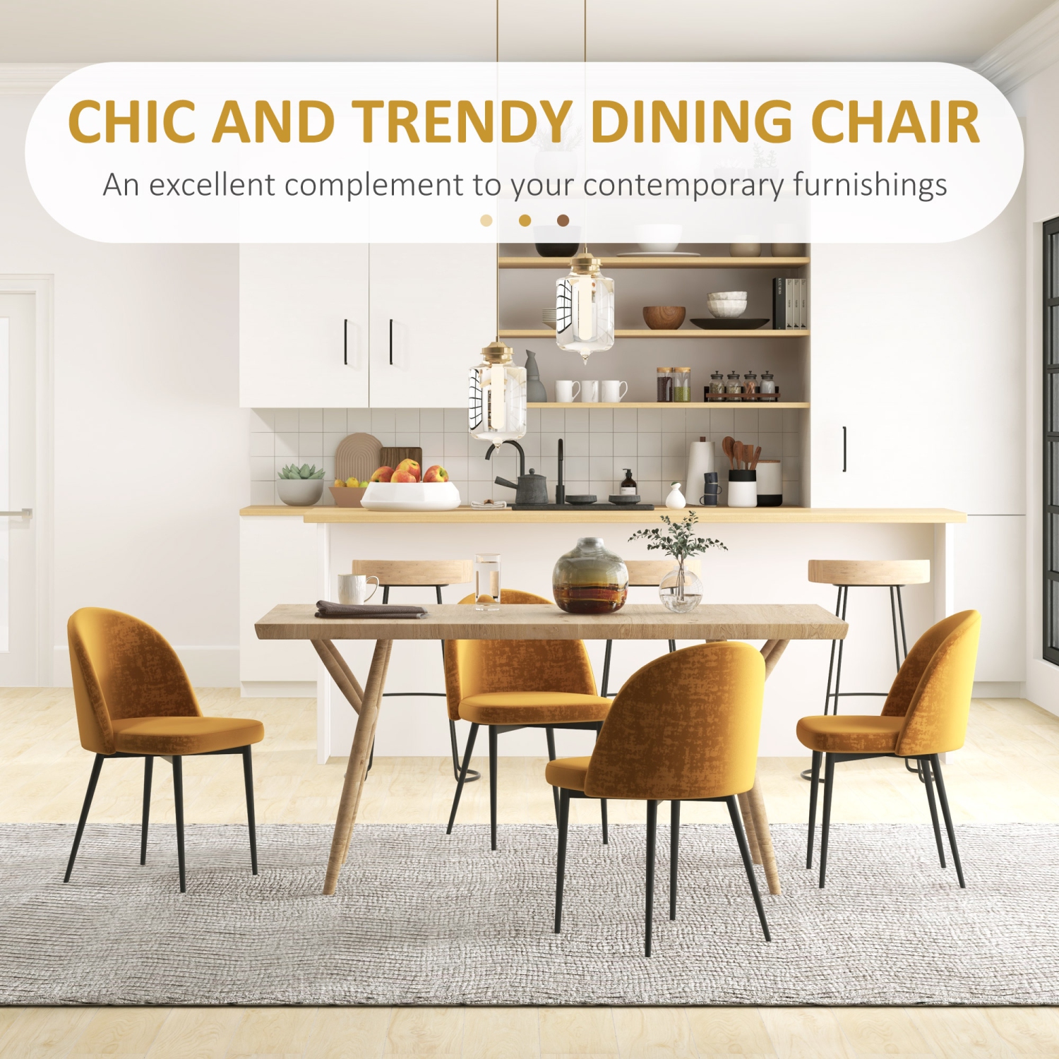 HOMCOM Chaises de salle à manger modernes, chaise d'appoint rembourrée au toucher velours, chaise de table pour salon, salle à manger, jaune, lot de 4