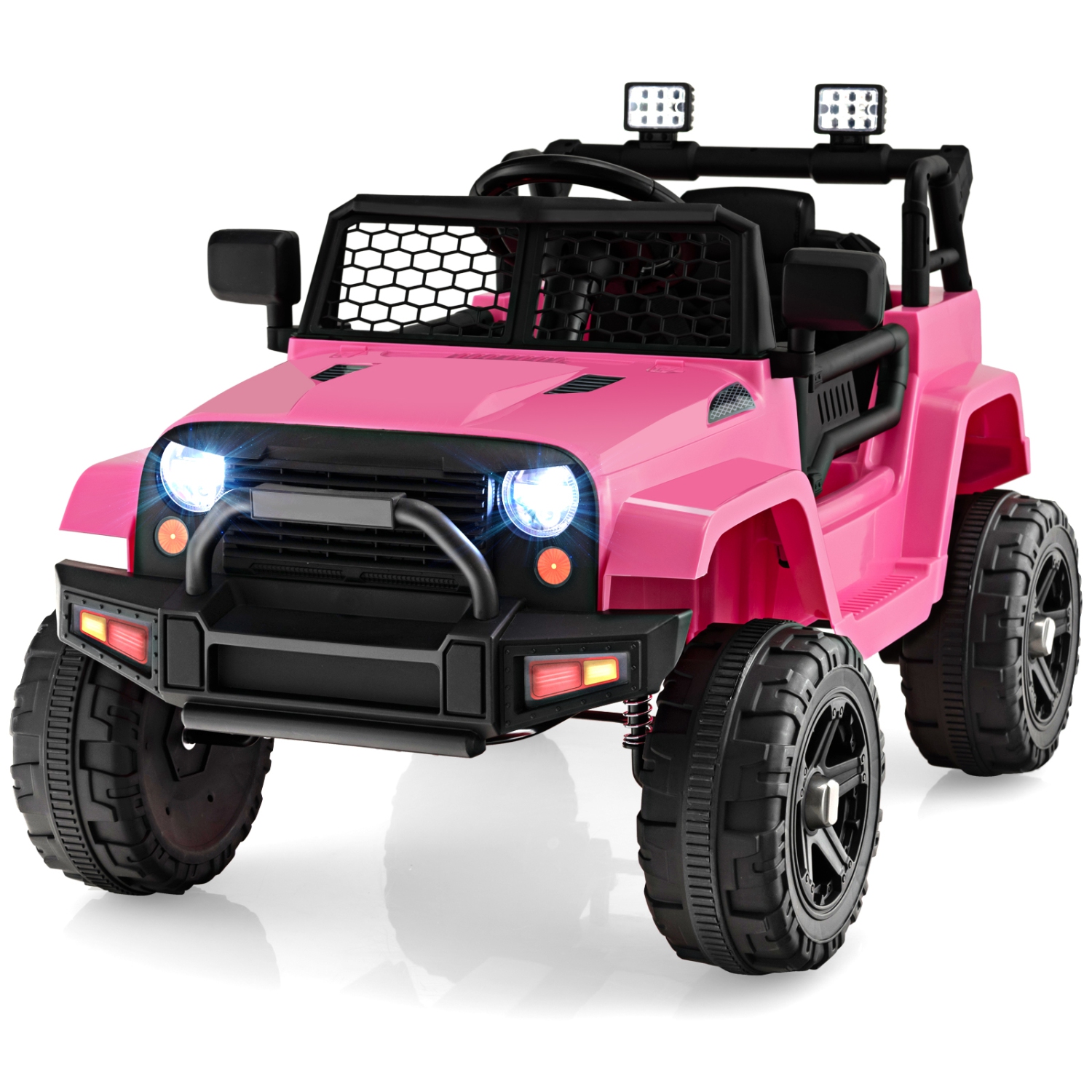 Topbuy 12&nbsp;V – Jeep jouet porteur pour enfants avec fonction de démarrage lent. Phares à téléavertissement. Noir/blanc/rose