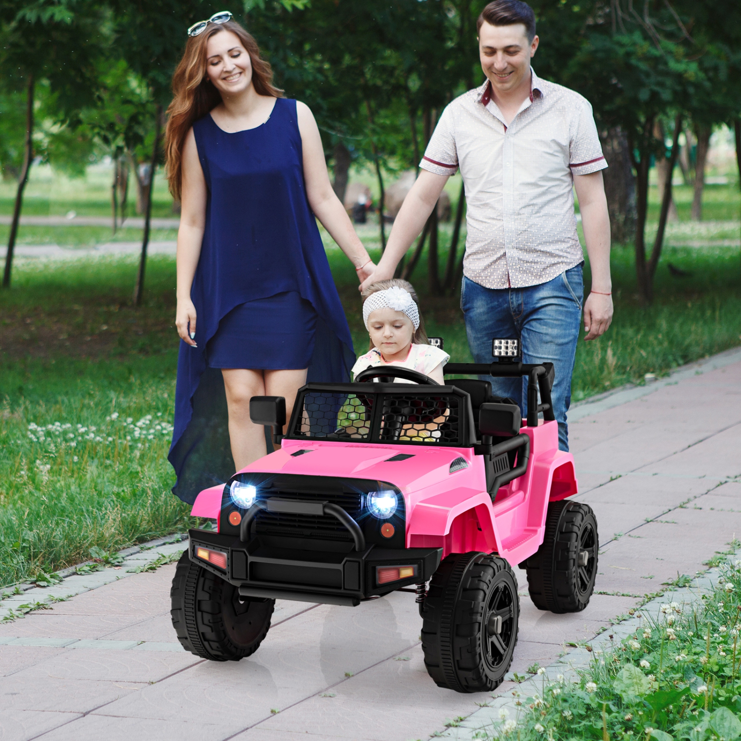 Topbuy 12&nbsp;V – Jeep jouet porteur pour enfants avec fonction de démarrage lent. Phares à téléavertissement. Noir/blanc/rose
