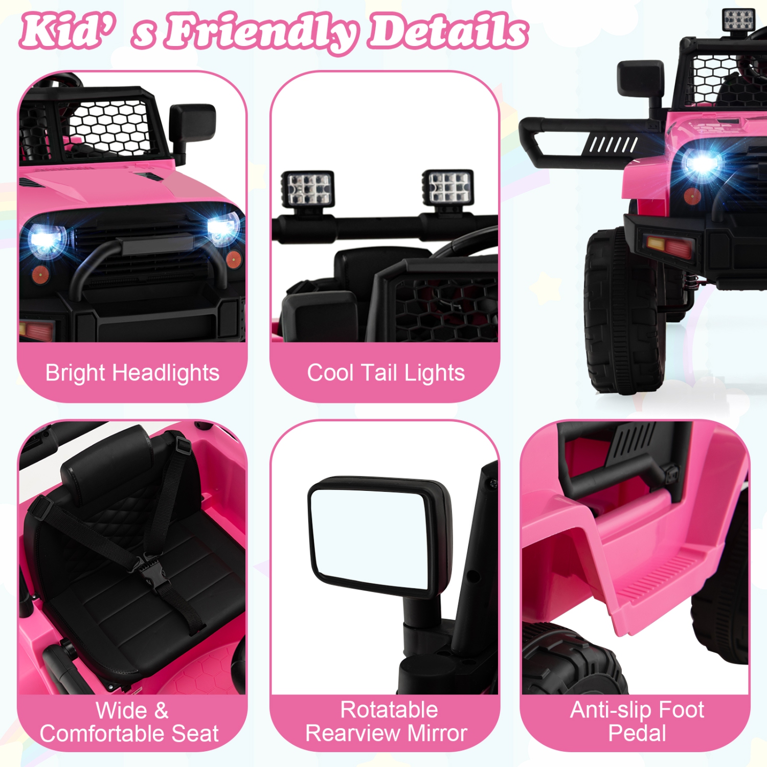 Topbuy 12&nbsp;V – Jeep jouet porteur pour enfants avec fonction de démarrage lent. Phares à téléavertissement. Noir/blanc/rose