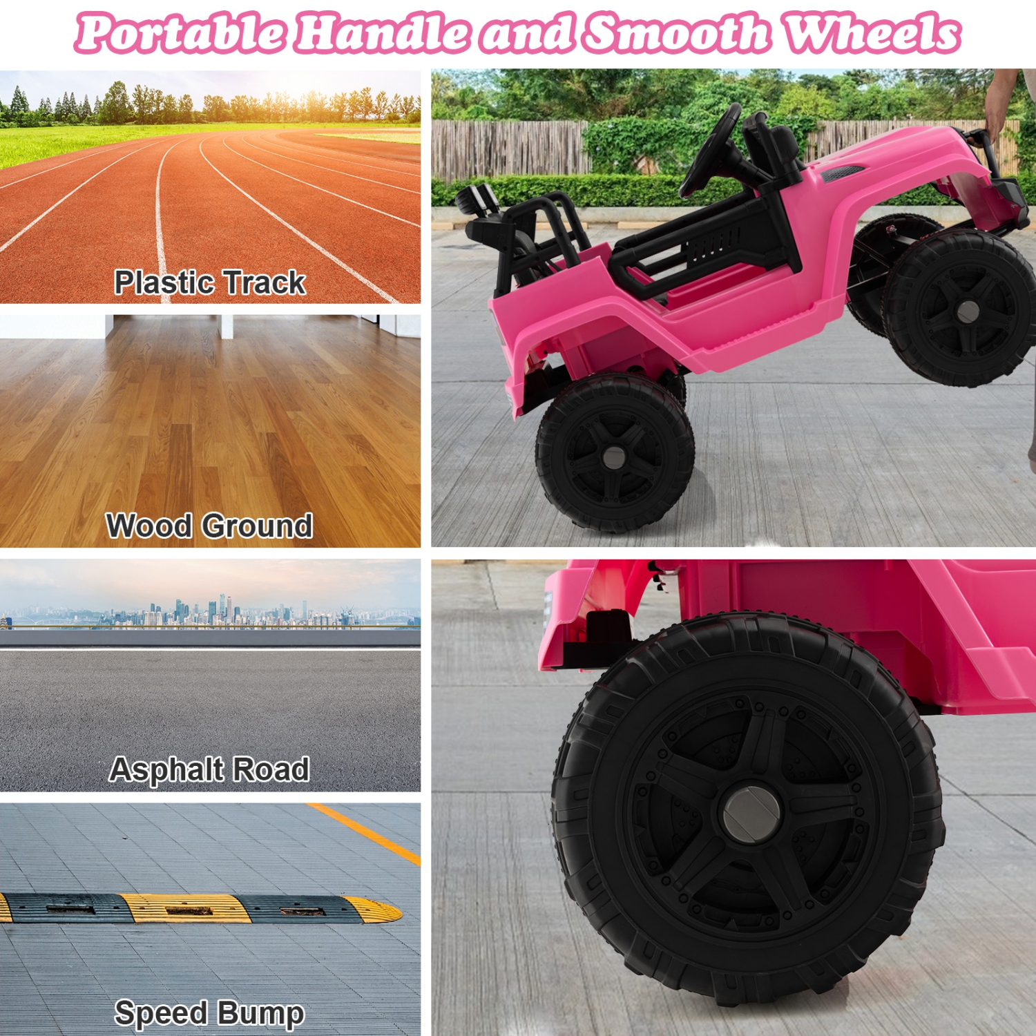 Topbuy 12&nbsp;V – Jeep jouet porteur pour enfants avec fonction de démarrage lent. Phares à téléavertissement. Noir/blanc/rose