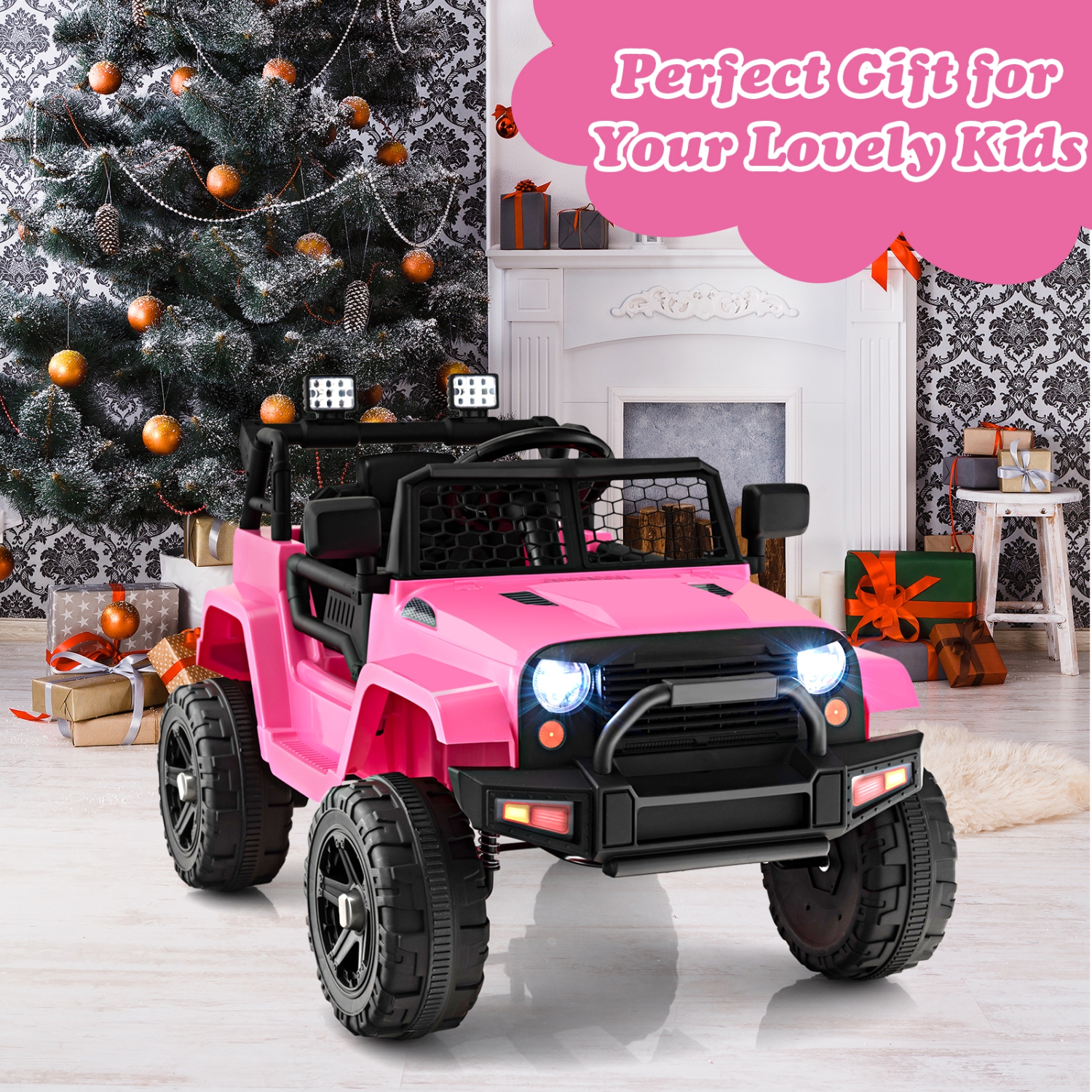Topbuy 12&nbsp;V – Jeep jouet porteur pour enfants avec fonction de démarrage lent. Phares à téléavertissement. Noir/blanc/rose