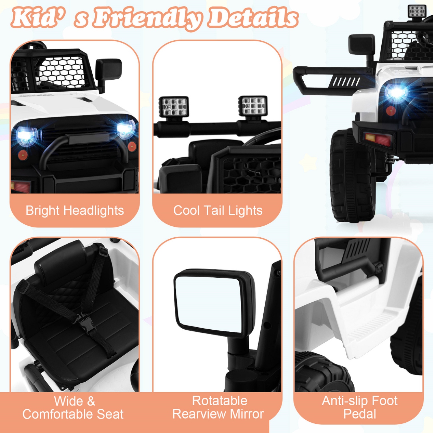 Topbuy 12V Kids Ride On Car Electric Vehicle Jeep with Parental Remote Music Horn Headlights Slow Start Function Black/White/Pink