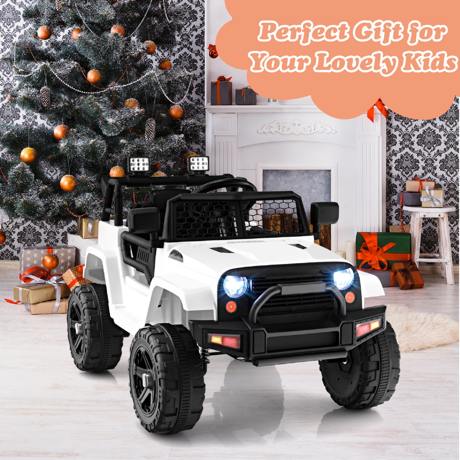 Topbuy 12V Kids Ride On Car Electric Vehicle Jeep with Parental Remote Music Horn Headlights Slow Start Function Black/White/Pink