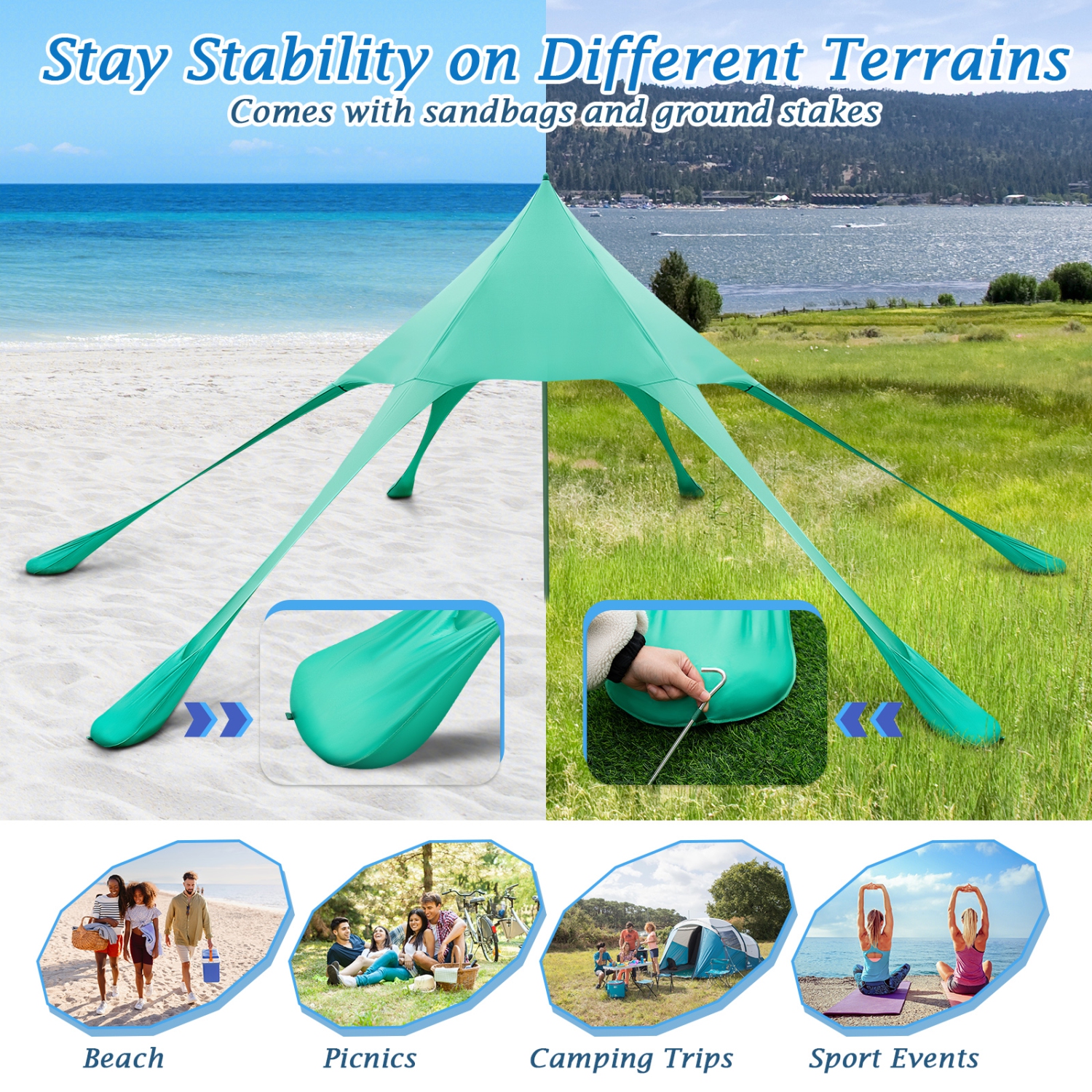 Topbuy 20 x 20 FT Beach Tent Beach Canopy w/ UPF50+ Sun Protection Carrying Bag & Sand Shovel Aluminum Pole & 6 Ground Stakes Blue/Green