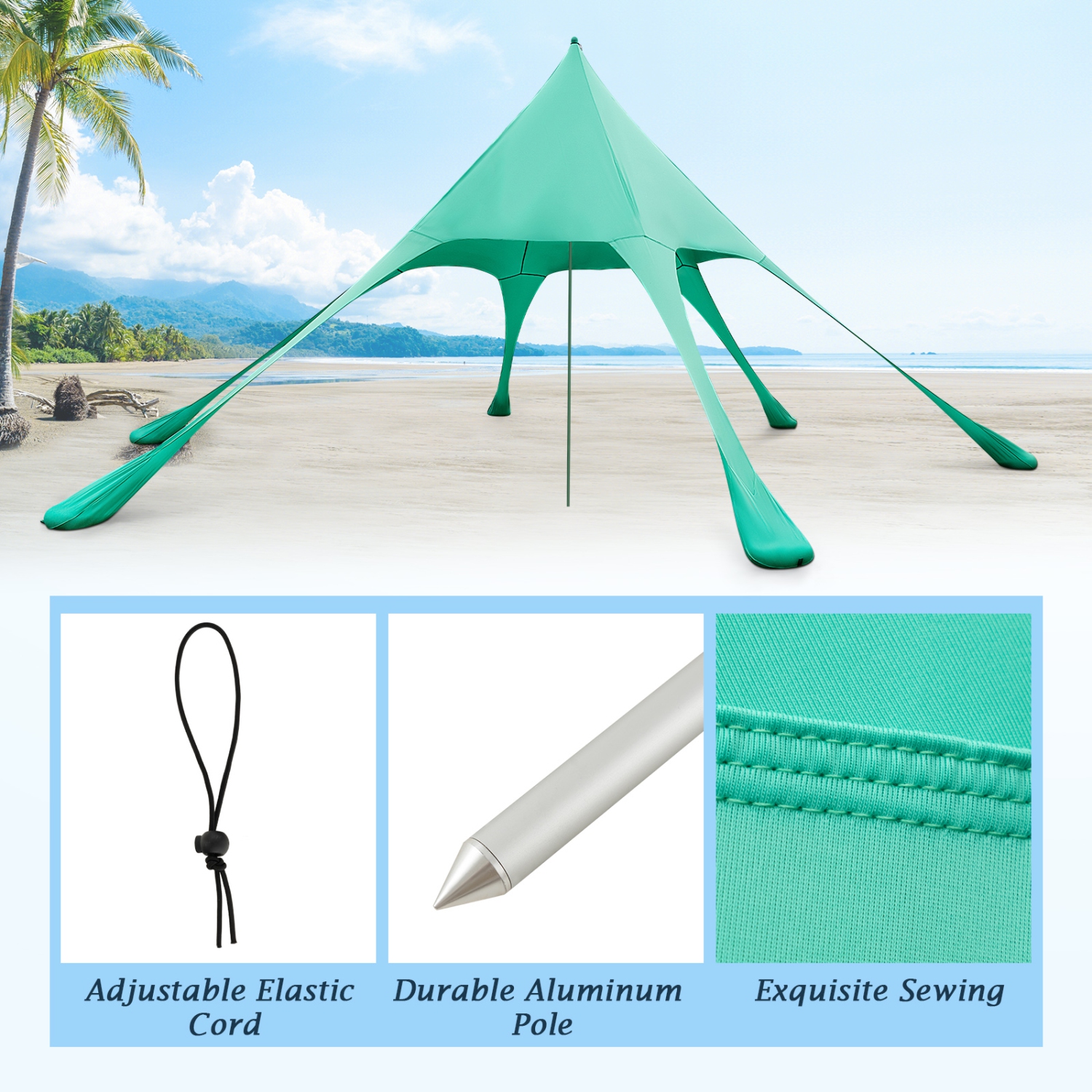 Topbuy 20 x 20 FT Beach Tent Beach Canopy w/ UPF50+ Sun Protection Carrying Bag & Sand Shovel Aluminum Pole & 6 Ground Stakes Blue/Green