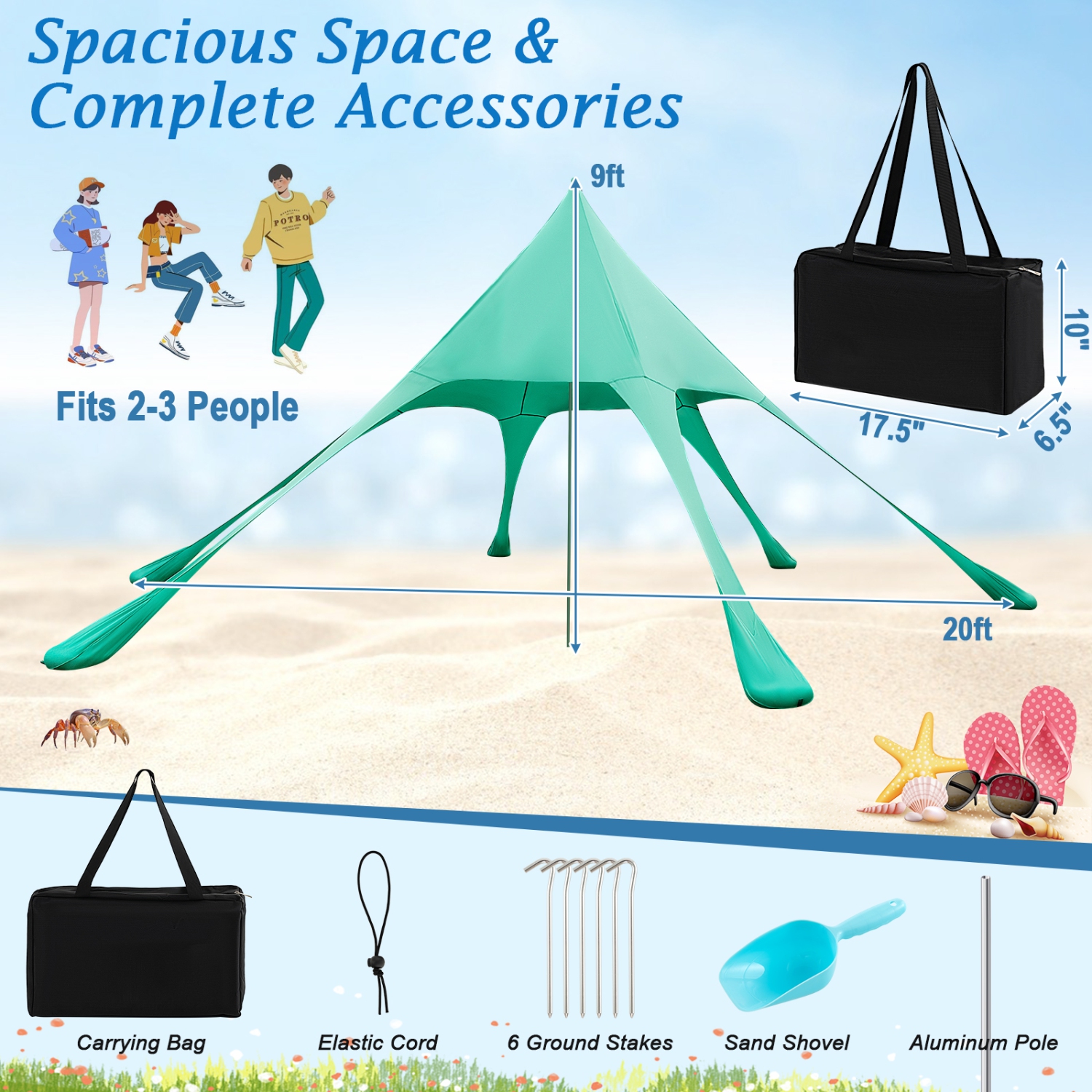 Topbuy 20 x 20 FT Beach Tent Beach Canopy w/ UPF50+ Sun Protection Carrying Bag & Sand Shovel Aluminum Pole & 6 Ground Stakes Blue/Green