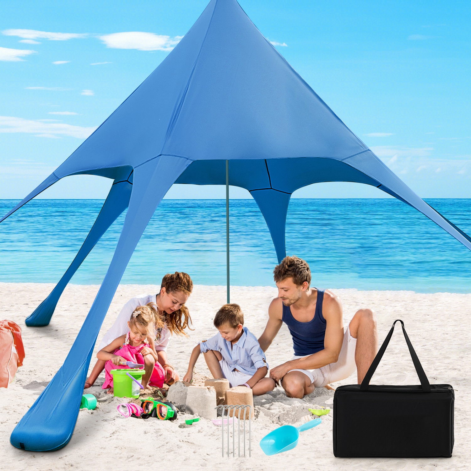 Topbuy 20 x 20 FT Beach Tent Beach Canopy w/ UPF50+ Sun Protection Carrying Bag & Sand Shovel Aluminum Pole & 6 Ground Stakes Blue/Green