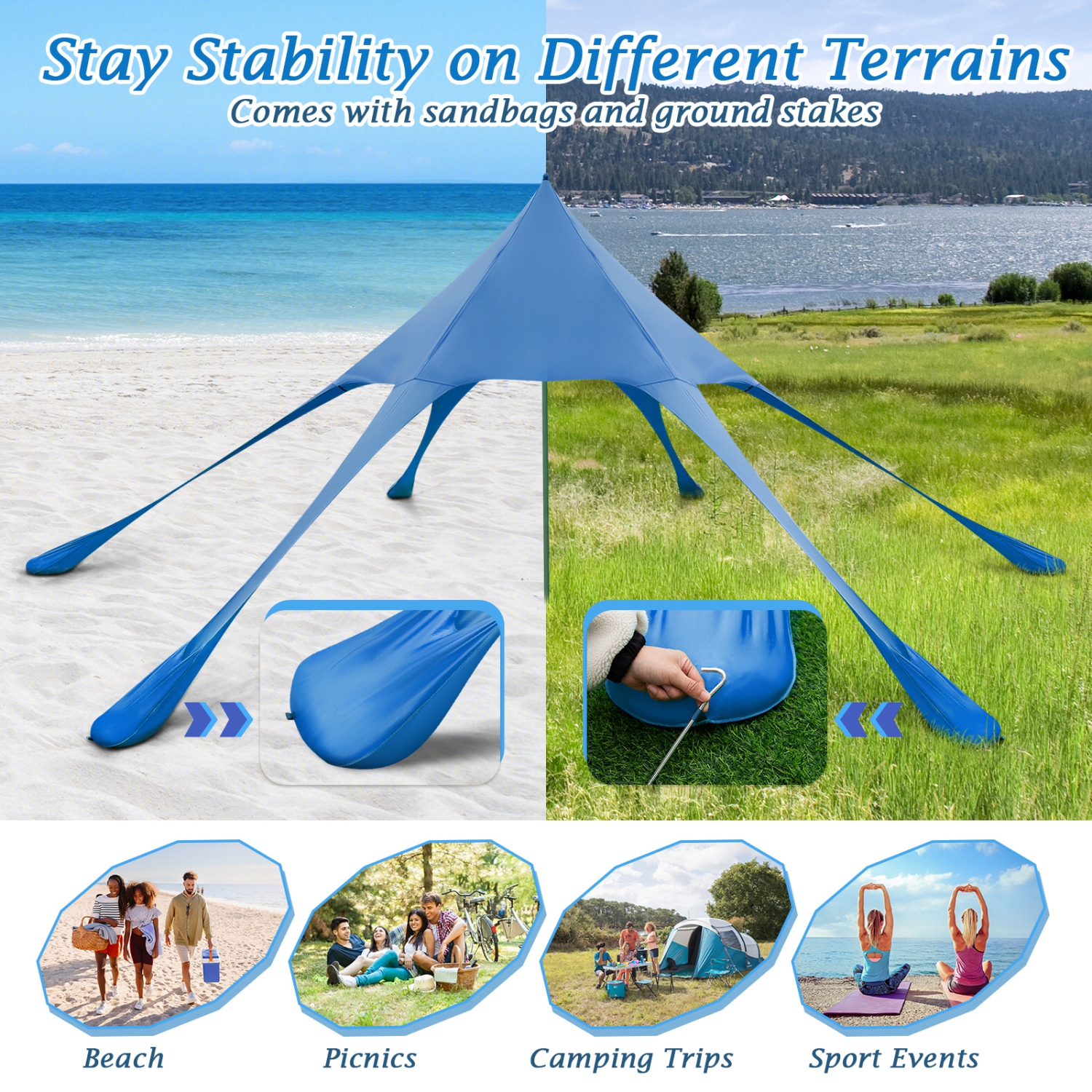 Topbuy 20 x 20 FT Beach Tent Beach Canopy w/ UPF50+ Sun Protection Carrying Bag & Sand Shovel Aluminum Pole & 6 Ground Stakes Blue/Green