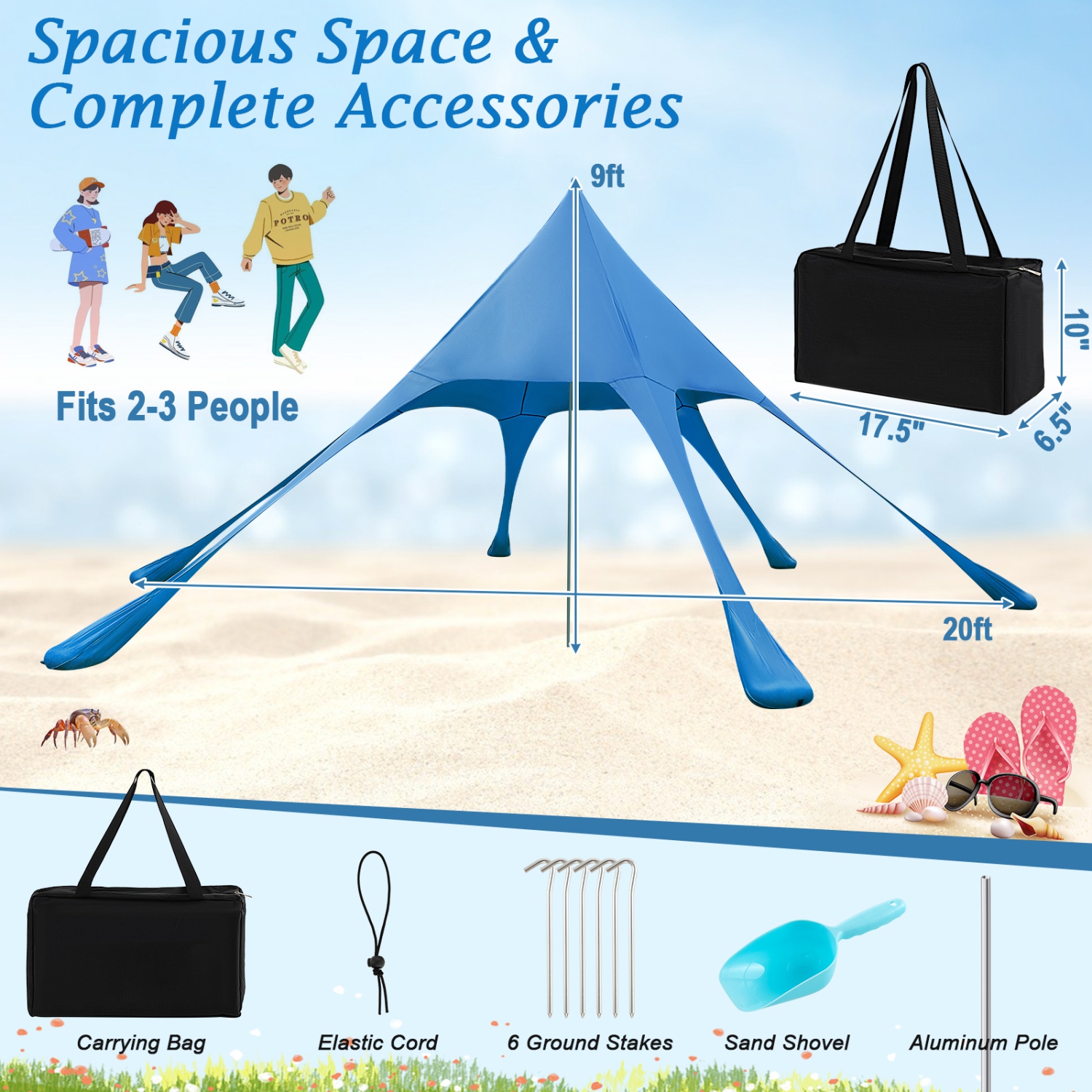 Topbuy 20 x 20 FT Beach Tent Beach Canopy w/ UPF50+ Sun Protection Carrying Bag & Sand Shovel Aluminum Pole & 6 Ground Stakes Blue/Green
