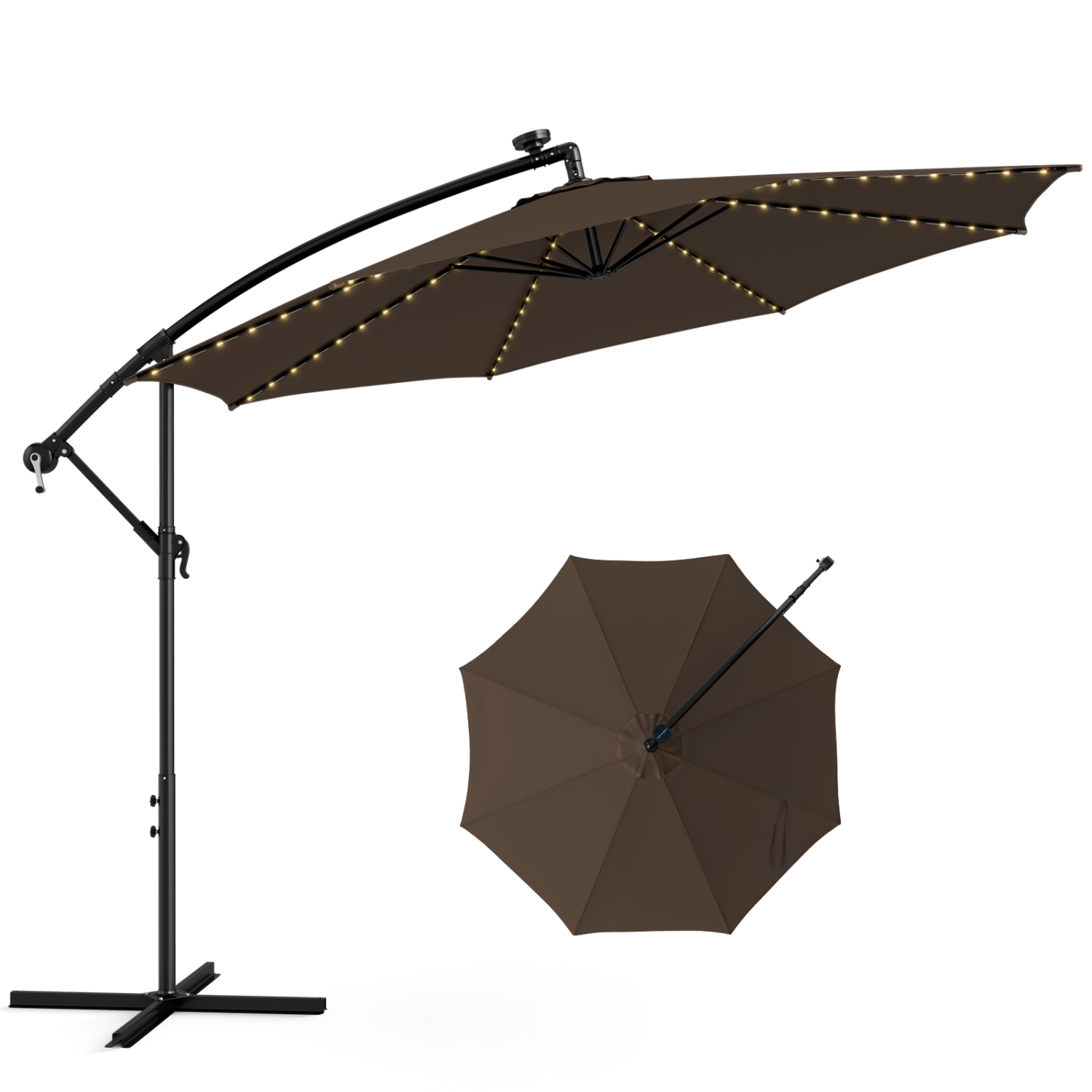 Topbuy 10FT Solar Offset Umbrella Tilted Cantilever Hanging Umbrella with 112 LED Lights Lighted Patio Sun Shade with Crank Handle