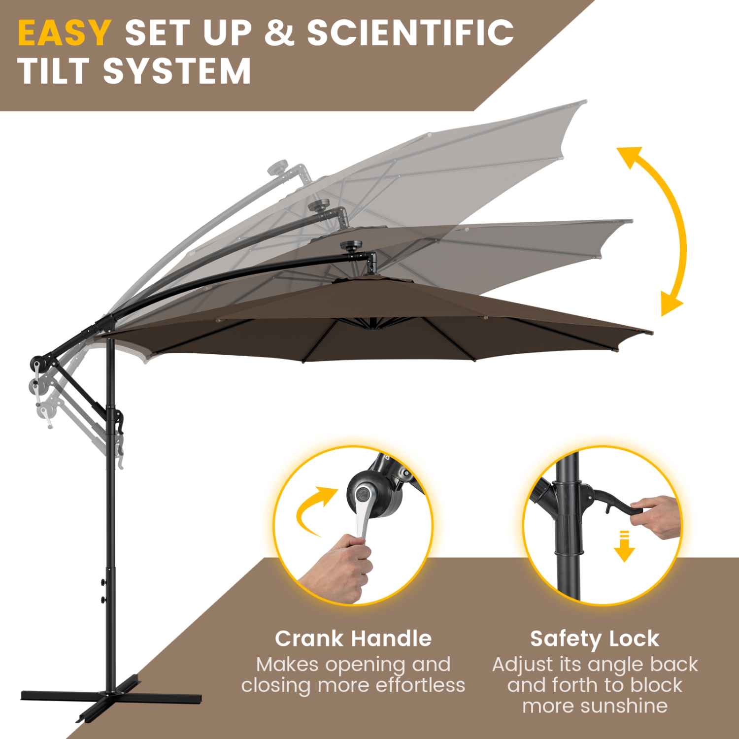 Topbuy 10FT Solar Offset Umbrella Tilted Cantilever Hanging Umbrella with 112 LED Lights Lighted Patio Sun Shade with Crank Handle