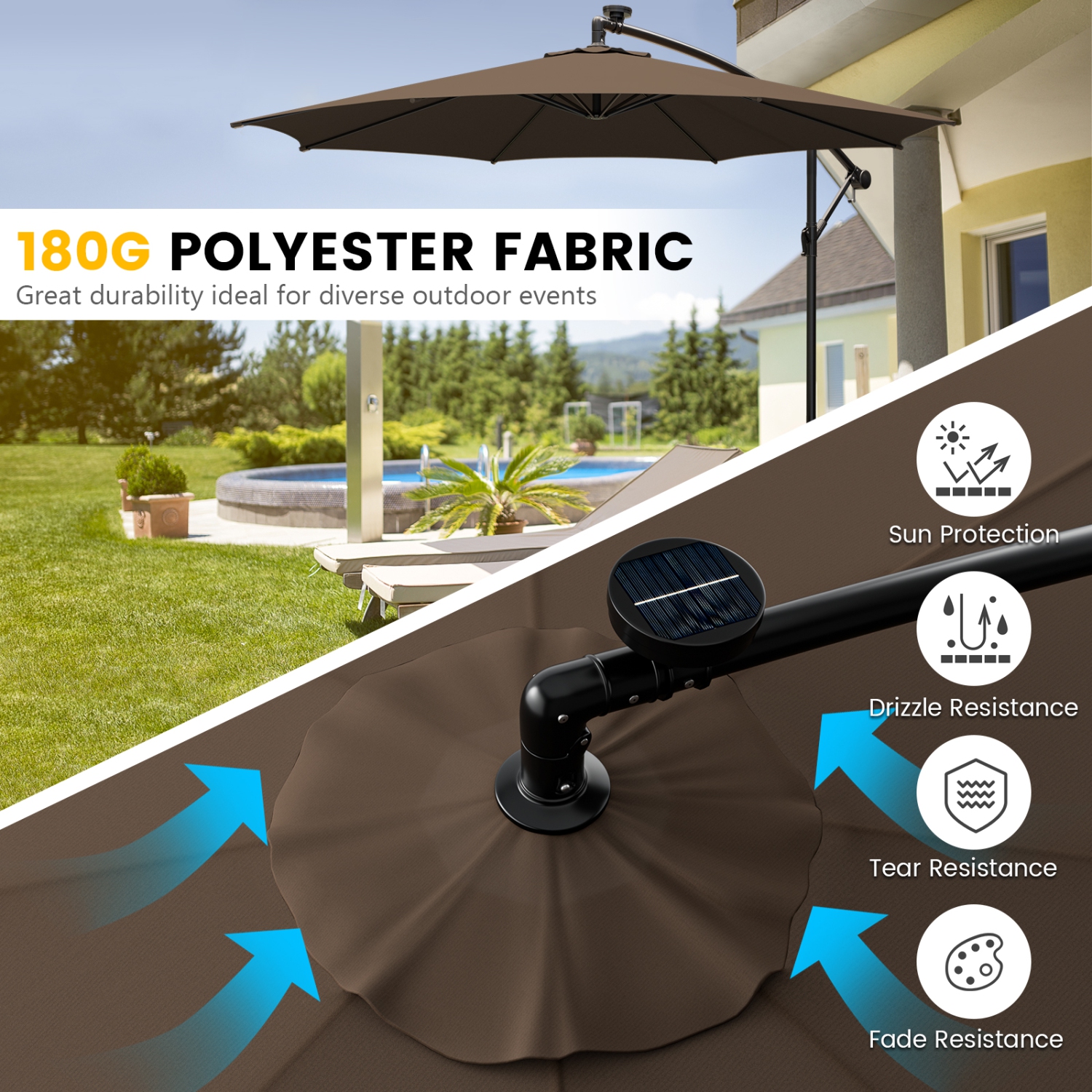 Topbuy 10FT Solar Offset Umbrella Tilted Cantilever Hanging Umbrella with 112 LED Lights Lighted Patio Sun Shade with Crank Handle