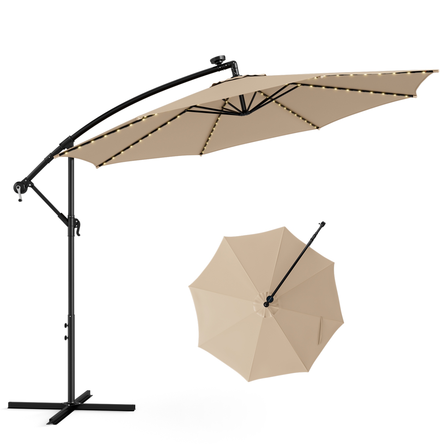Topbuy 10FT Solar Offset Umbrella Tilted Cantilever Hanging Umbrella with 112 LED Lights Lighted Patio Sun Shade with Crank Handle