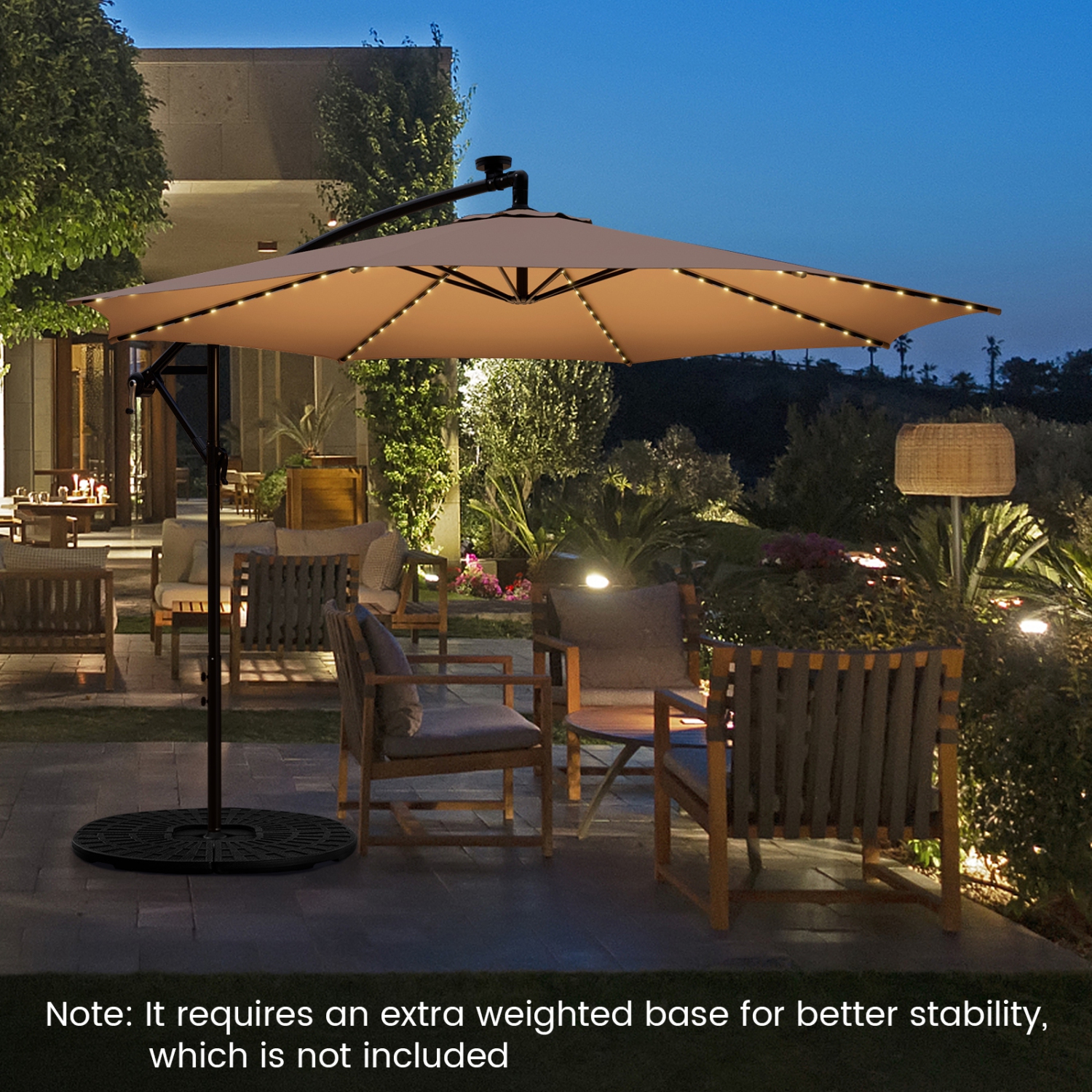 Topbuy 10FT Solar Offset Umbrella Tilted Cantilever Hanging Umbrella with 112 LED Lights Lighted Patio Sun Shade with Crank Handle