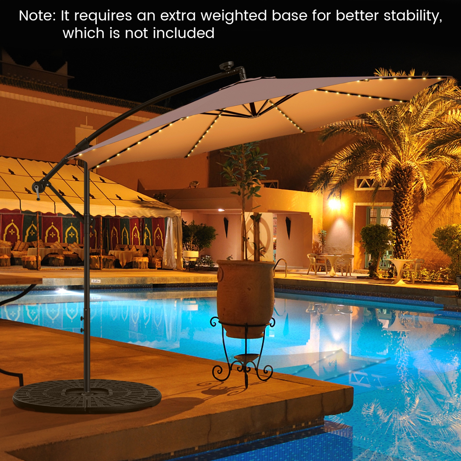Topbuy 10FT Solar Offset Umbrella Tilted Cantilever Hanging Umbrella with 112 LED Lights Lighted Patio Sun Shade with Crank Handle