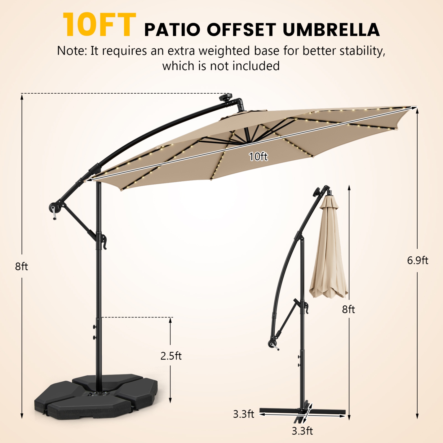 Topbuy 10FT Solar Offset Umbrella Tilted Cantilever Hanging Umbrella with 112 LED Lights Lighted Patio Sun Shade with Crank Handle