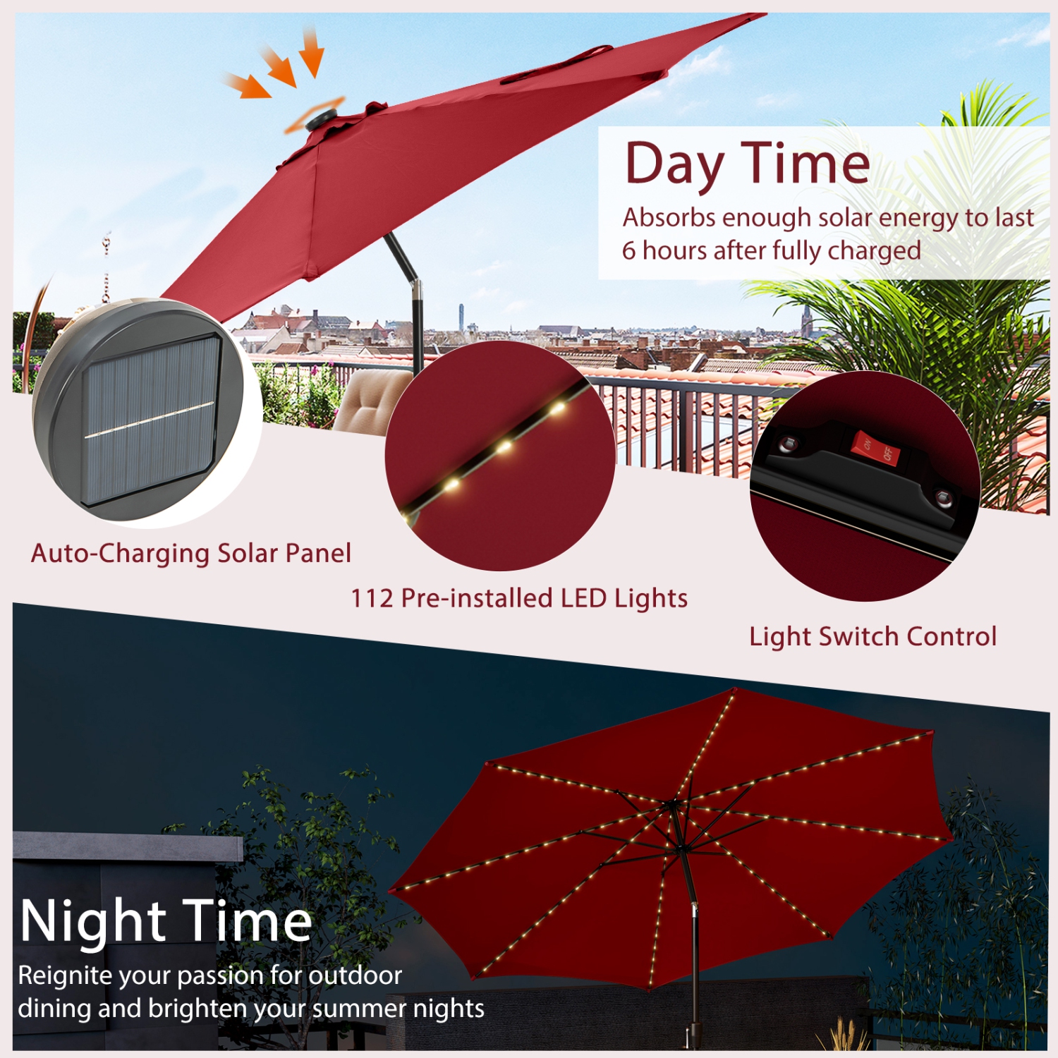 Topbuy 10FT Solar Umbrella Patio Umbrella with 112 LED Lights Outdoor Table Market Umbrella with Crank Lifting Handle & Push Button Tilt System