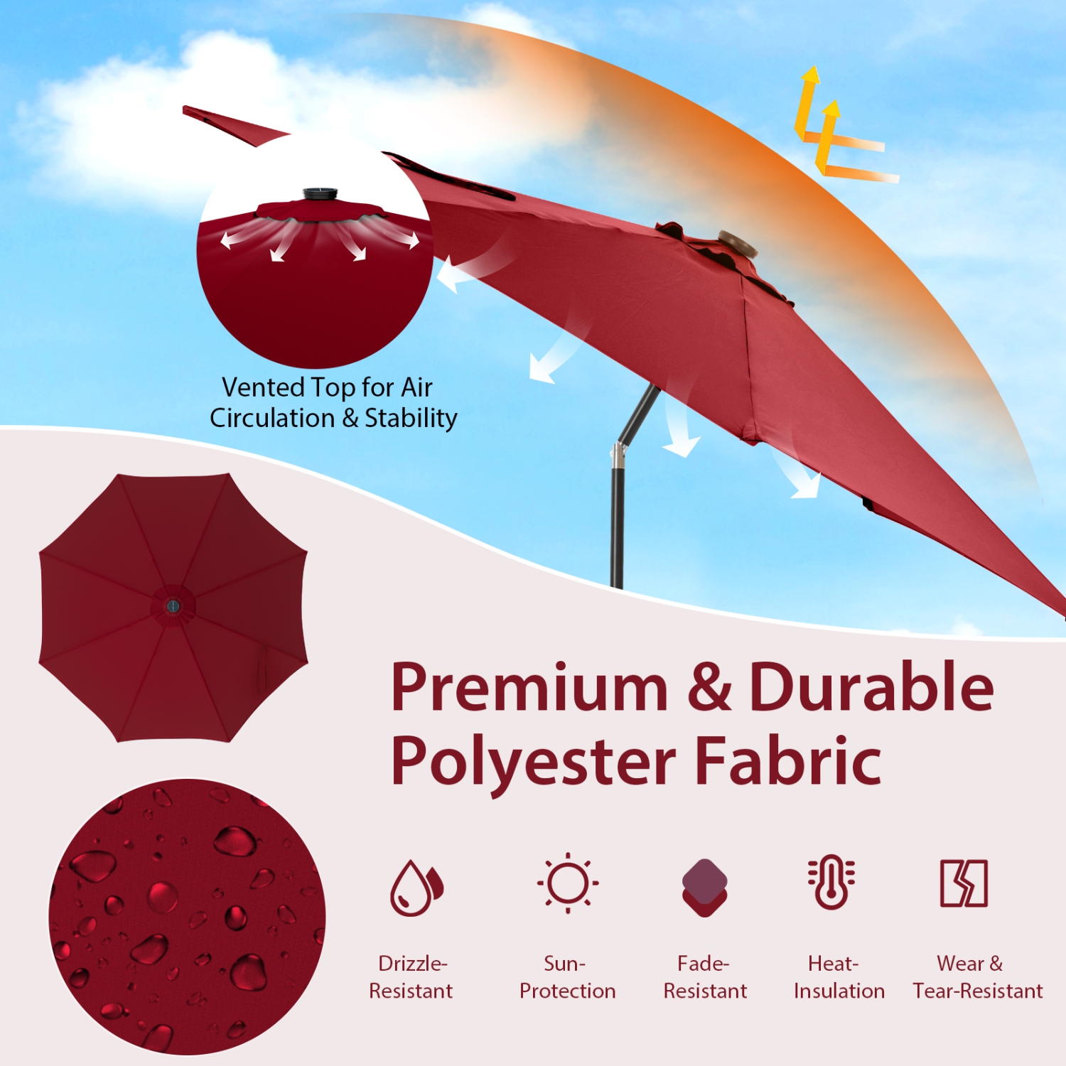 Topbuy 10FT Solar Umbrella Patio Umbrella with 112 LED Lights Outdoor Table Market Umbrella with Crank Lifting Handle & Push Button Tilt System