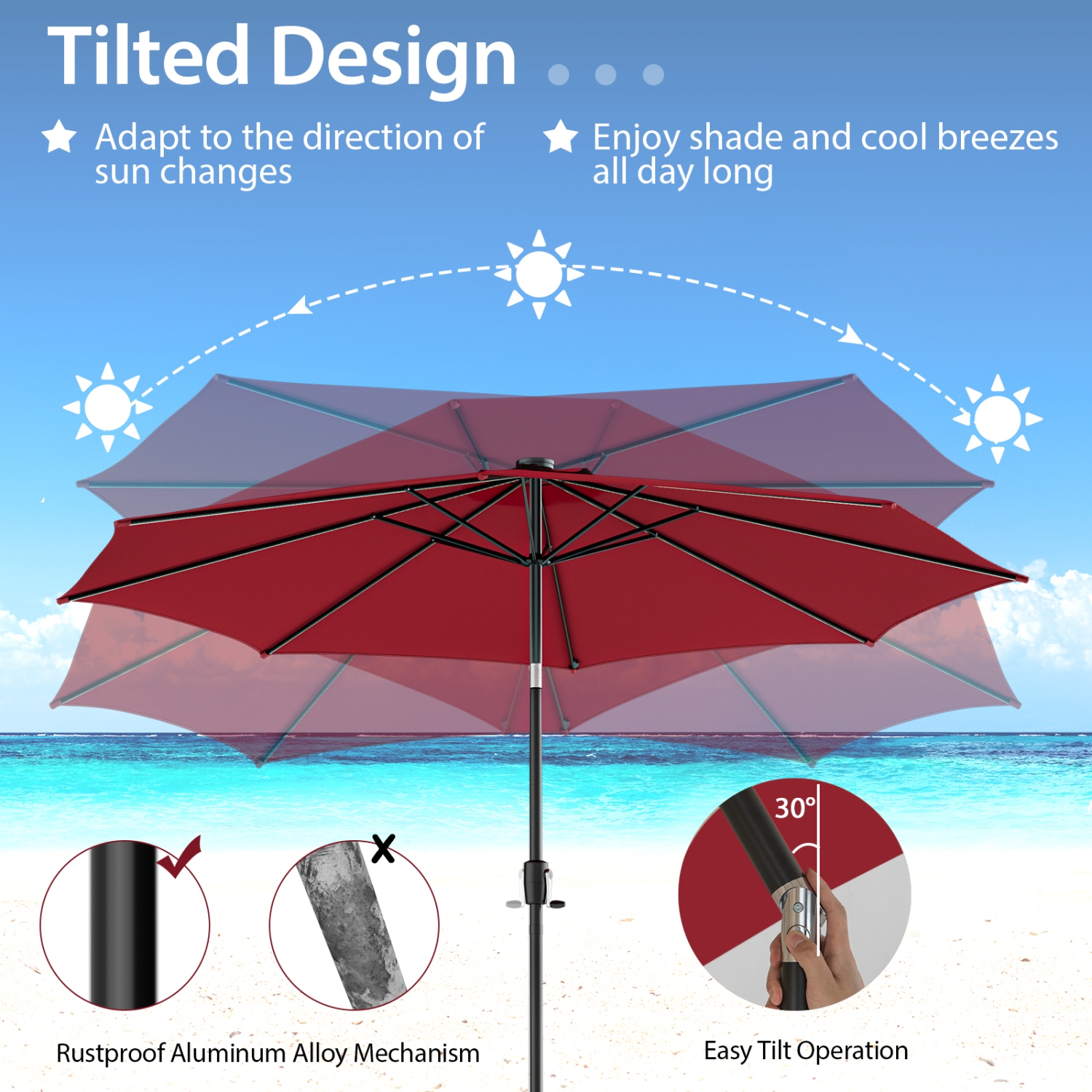 Topbuy 10FT Solar Umbrella Patio Umbrella with 112 LED Lights Outdoor Table Market Umbrella with Crank Lifting Handle & Push Button Tilt System
