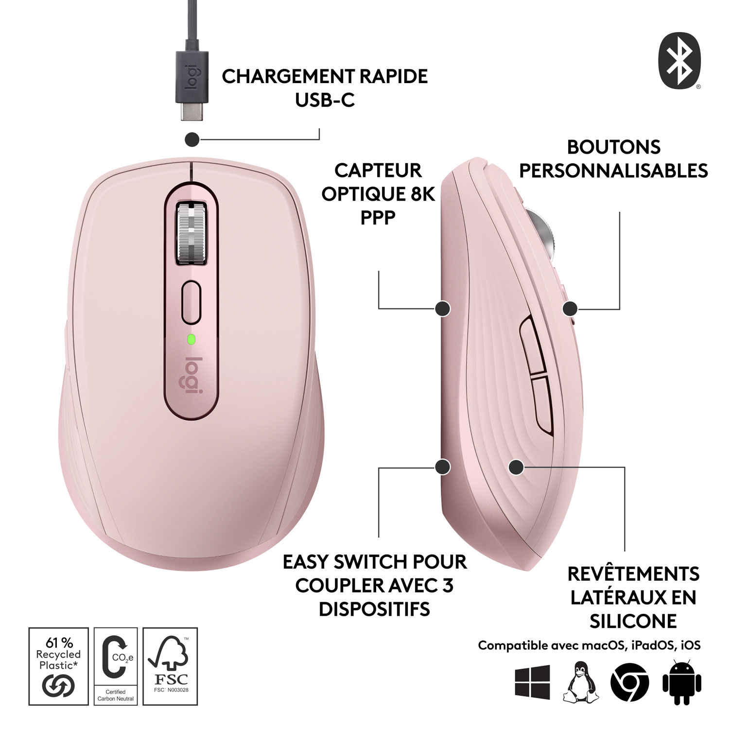 Logitech MX Anywhere 3S Wireless Compact Darkfield Mouse - Rose