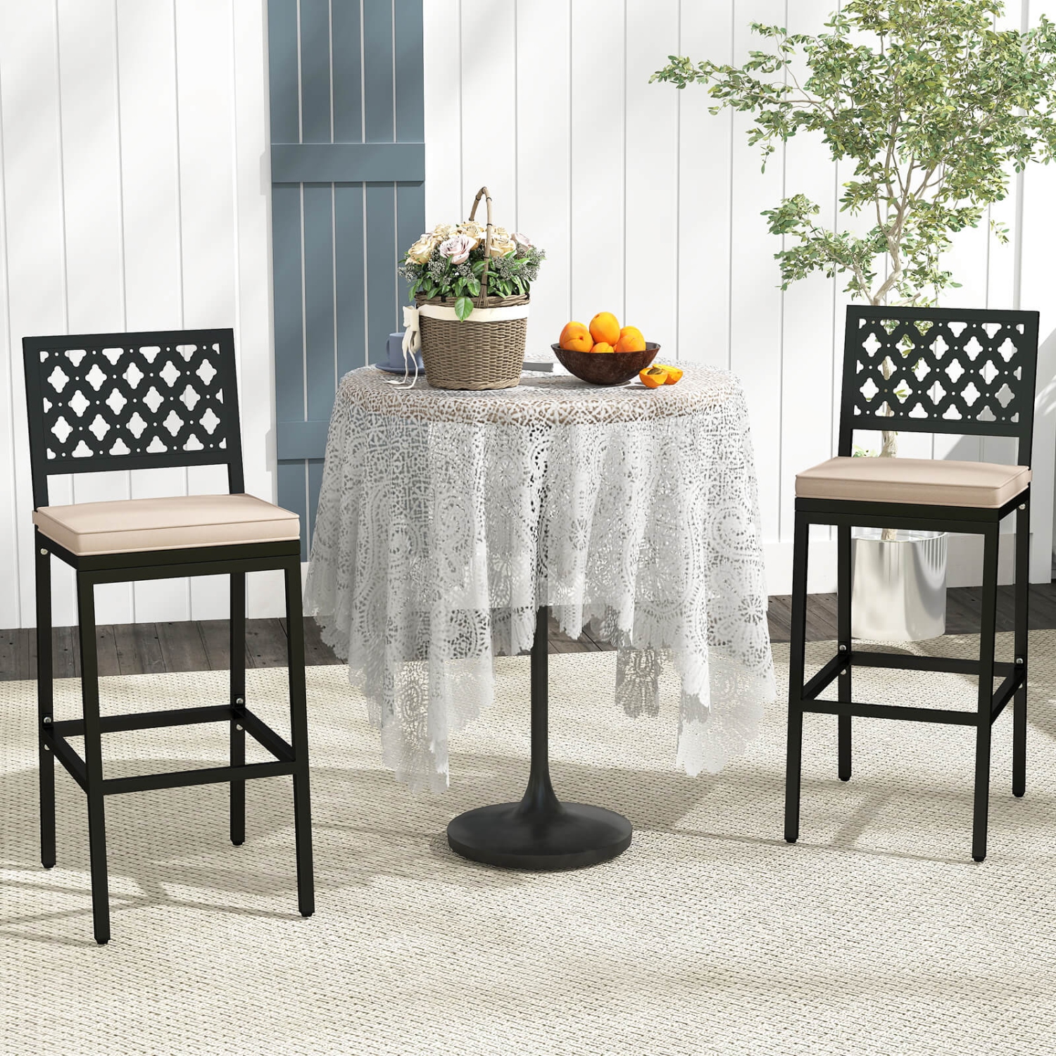 Costway Outdoor Bar Stools Set of 2 with Exquisite Backrests Humanized Footrests for Porch